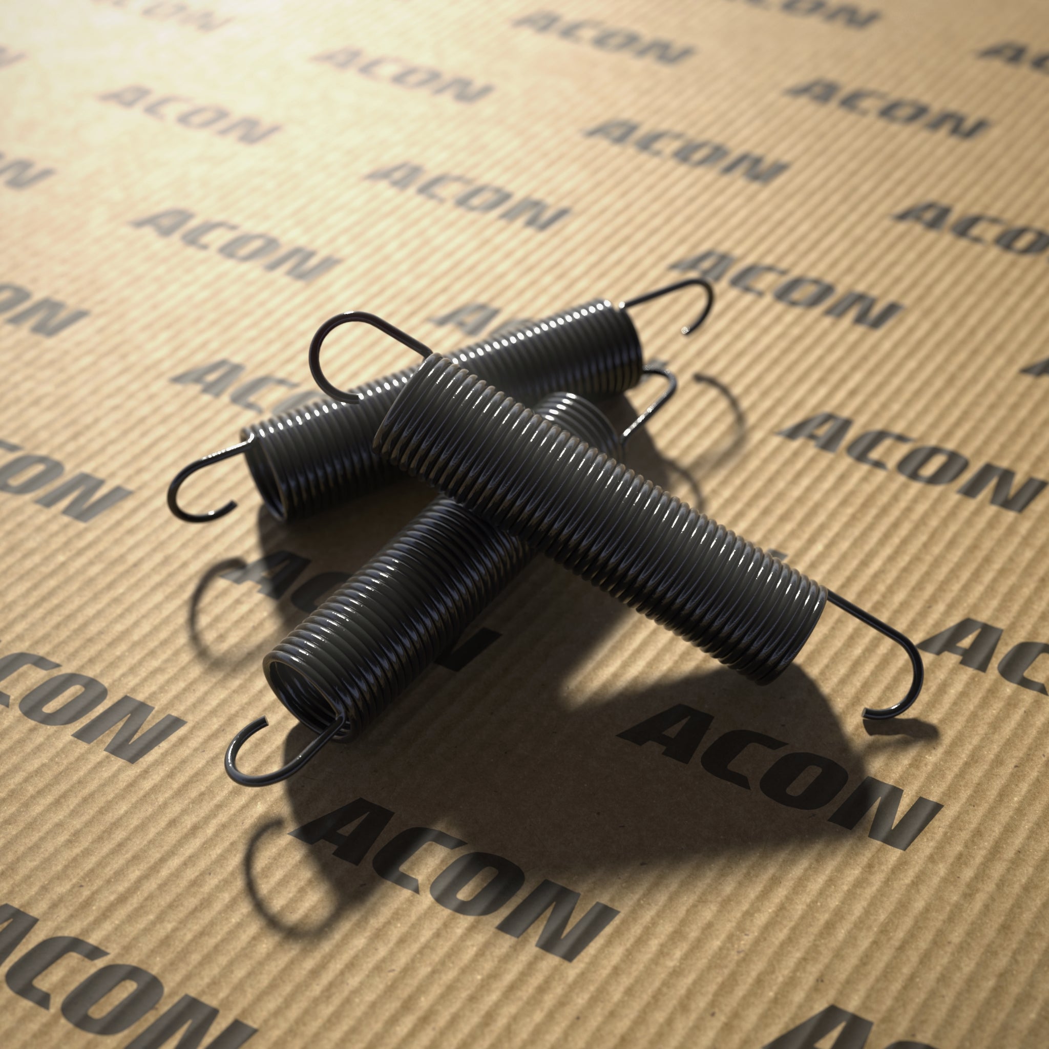 An image of ACON performance springs against cardboard box branded with ACON logos