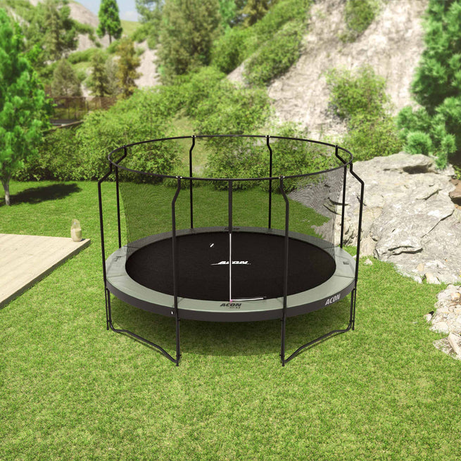Round Acon trampoline with Premium safety net on a backyard