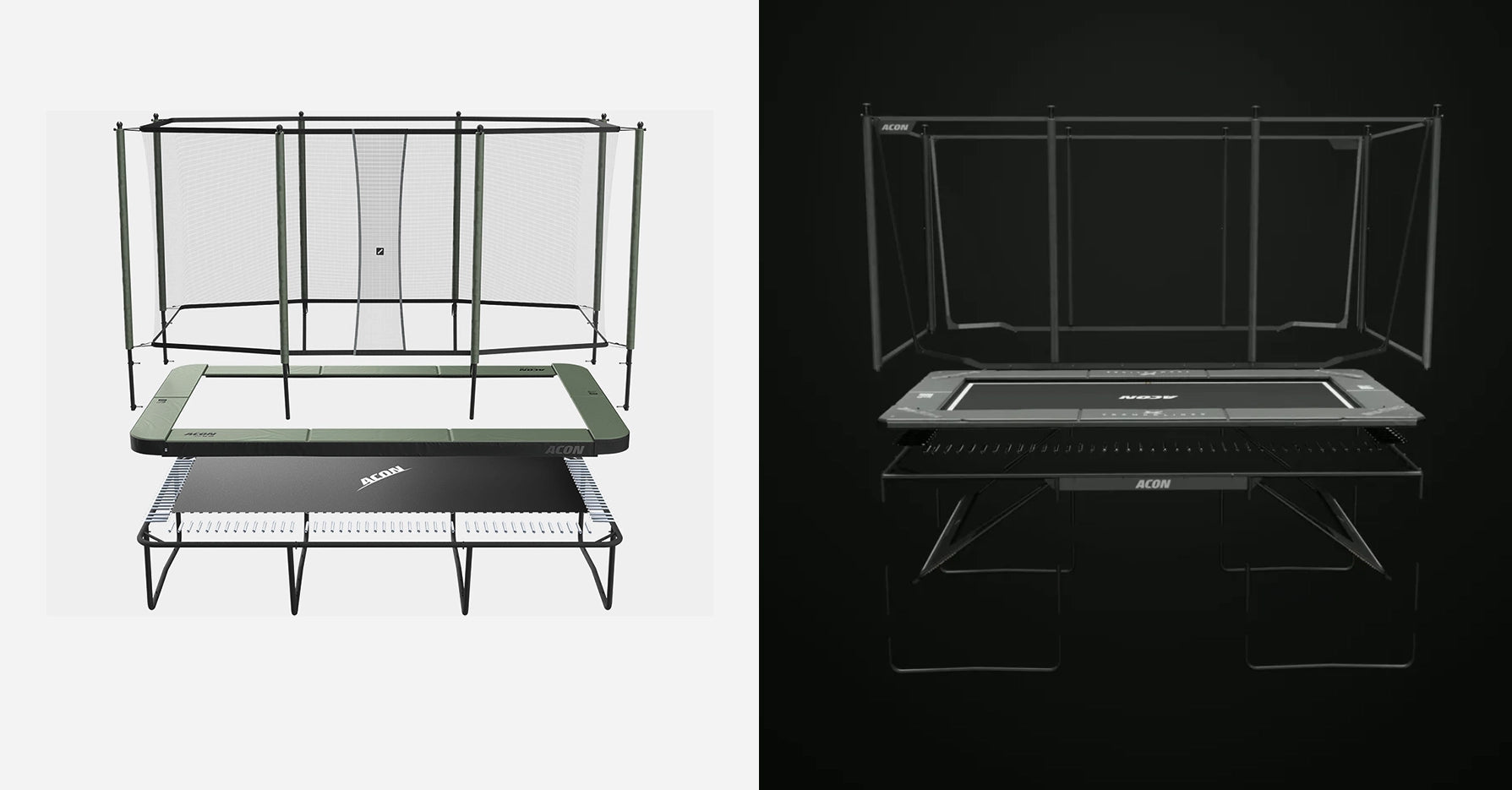 Exploded view images of Acon 16 HD and Acon X 17ft Trampolines.