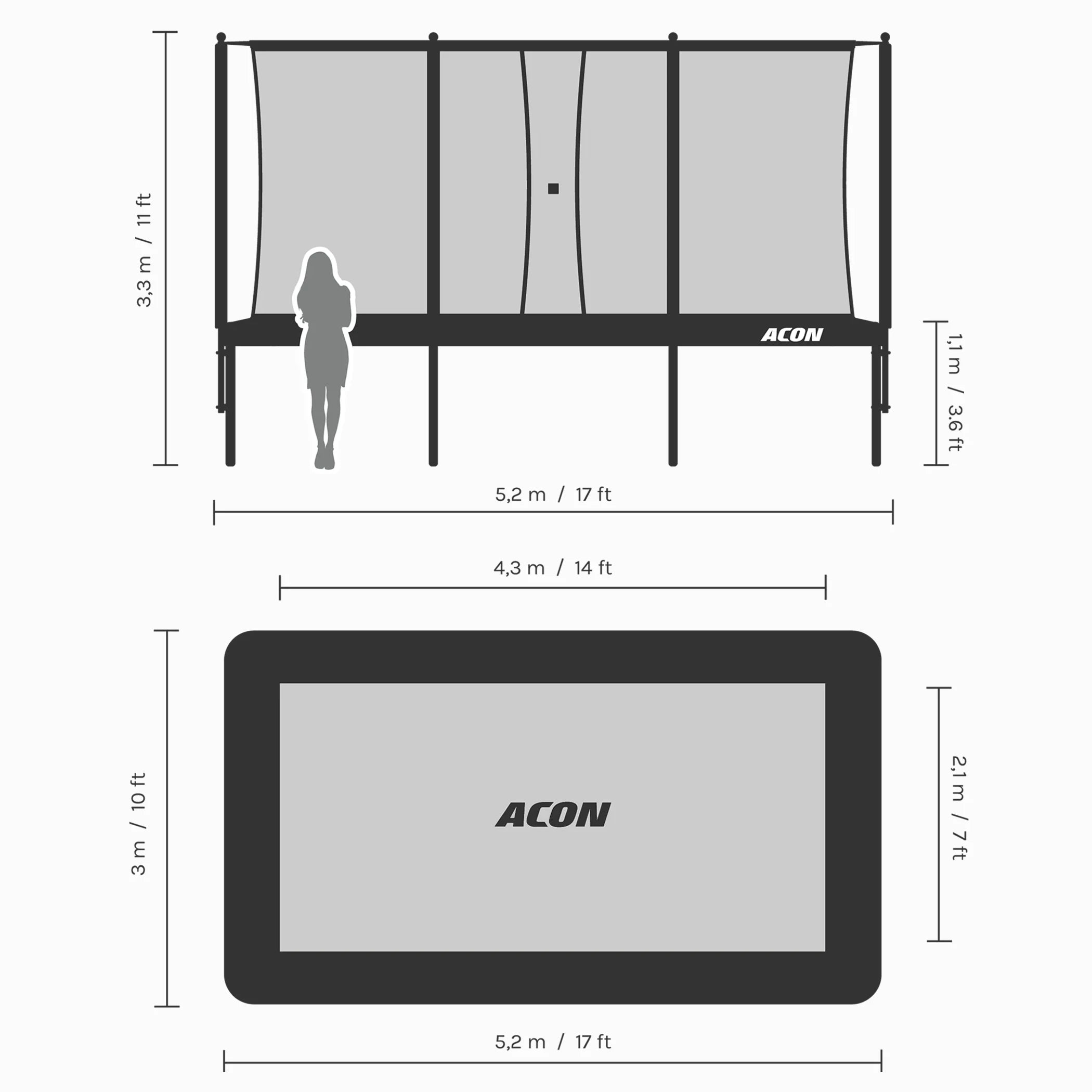Observation drawings of the Acon 16 HD trampoline dimensions.