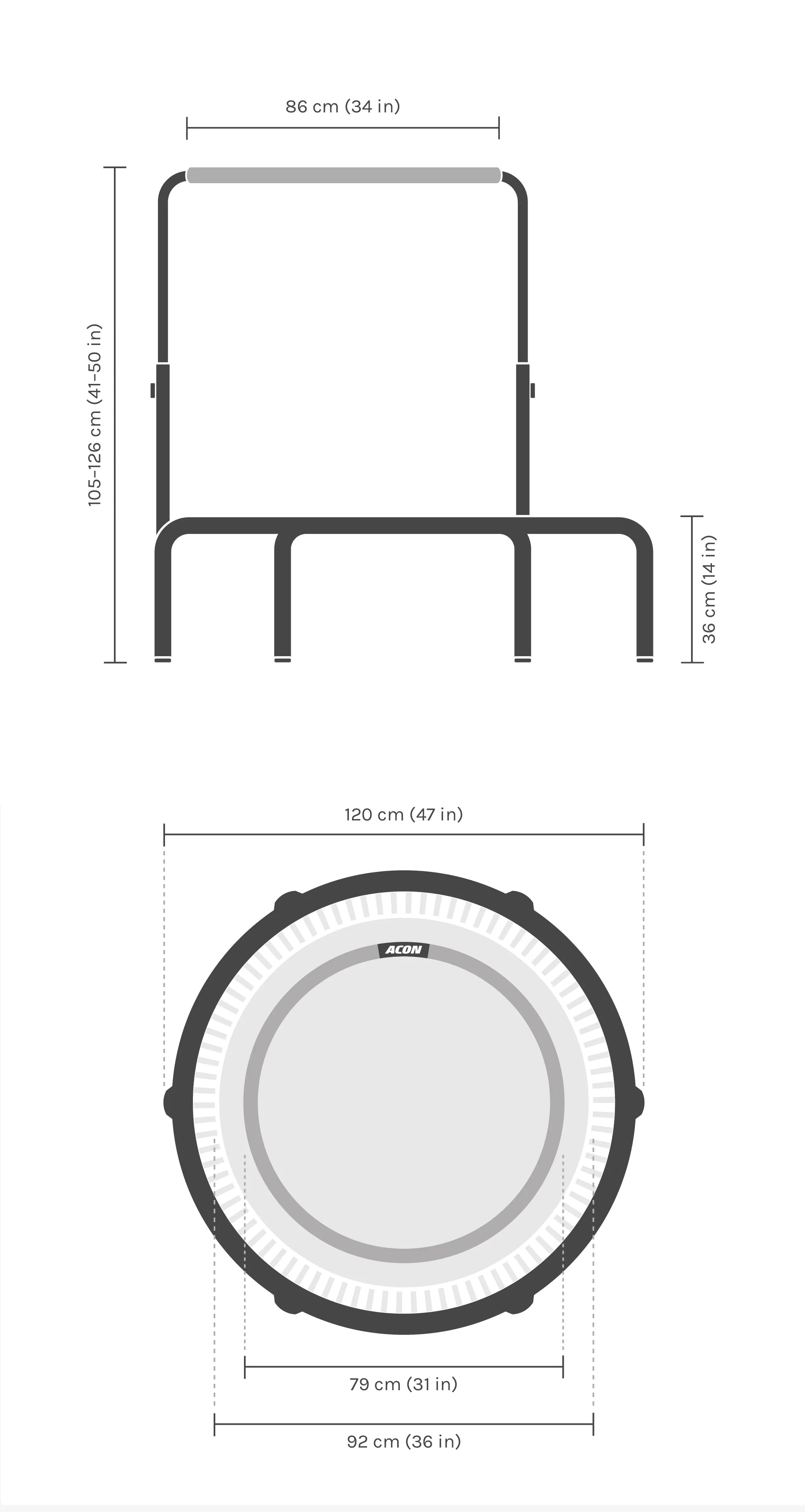 Dimensions of the round Acon FIT Balance trampoline.
