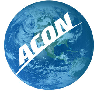 A globe sign in blue tint with ACON logo in white on top of it