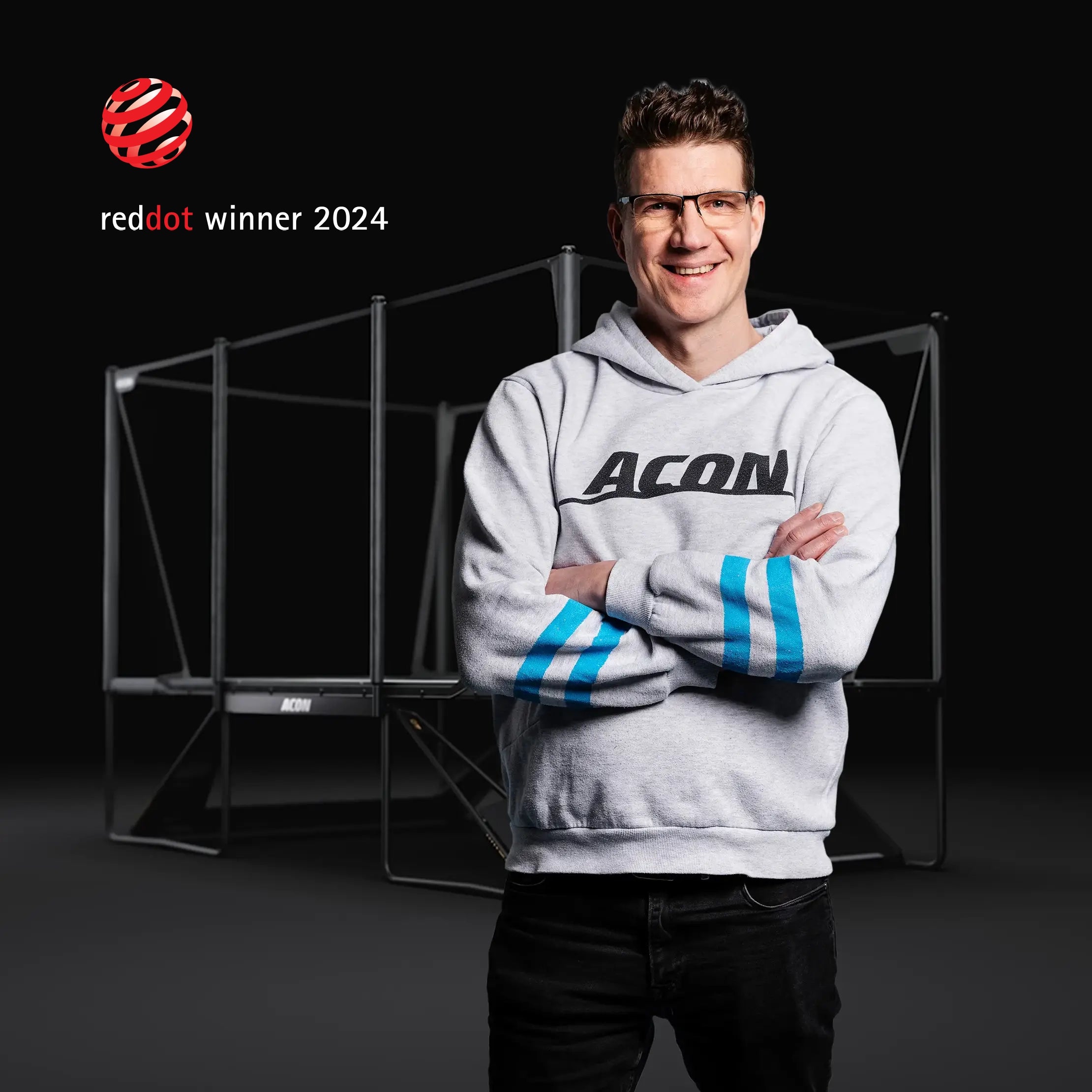 Acon Founder Tarmo Sallinen, Acon X 17ft Trampoline, Red Dot Winner 2024, on the background.