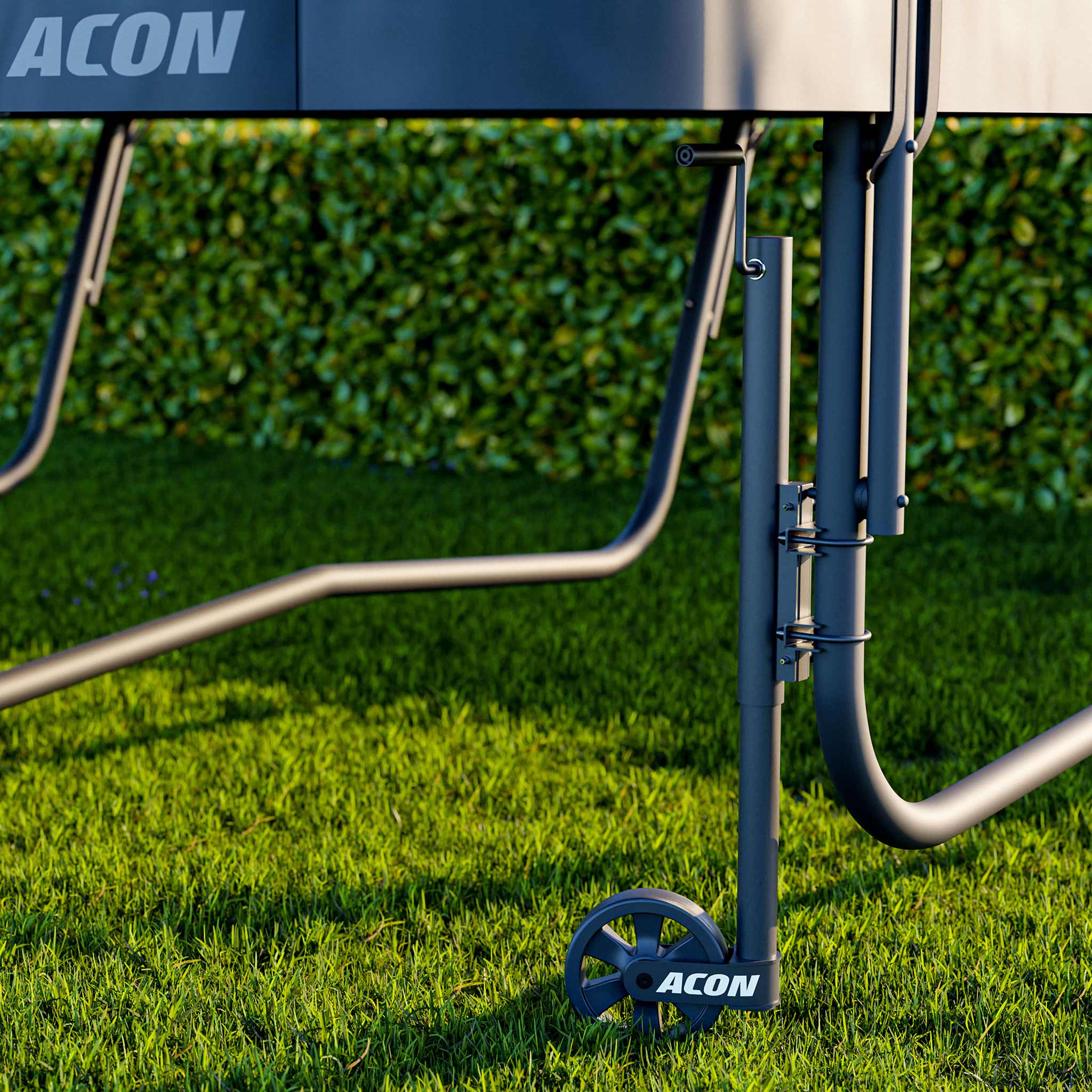 A closeup of Acon trampoline wheel installed.