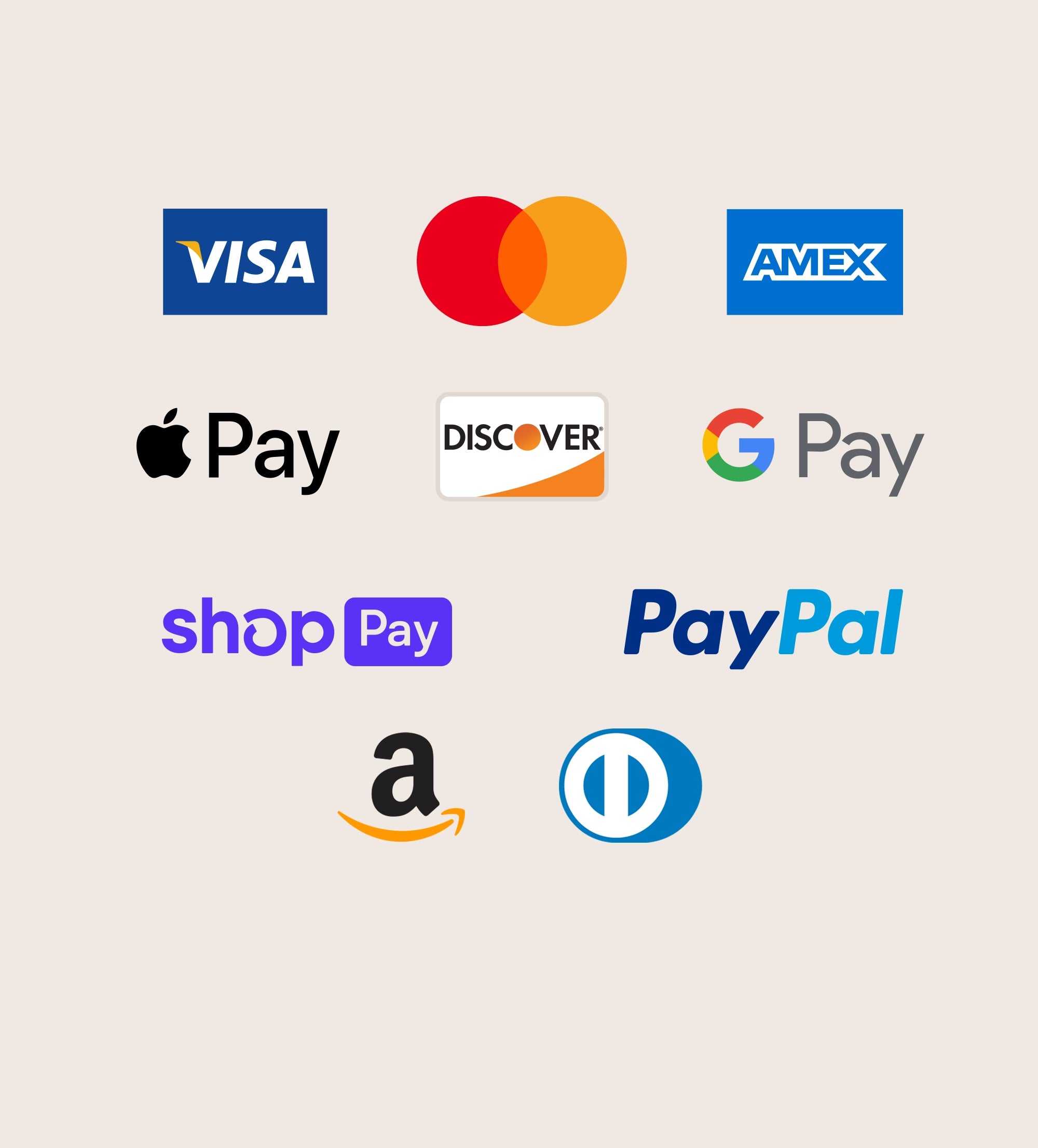 Logos of various payment methods: Visa, Mastercard, AMEX, Apple Pay, Discover, Google Pay, Shop Pay, PayPal, Amazon and Diners Club.