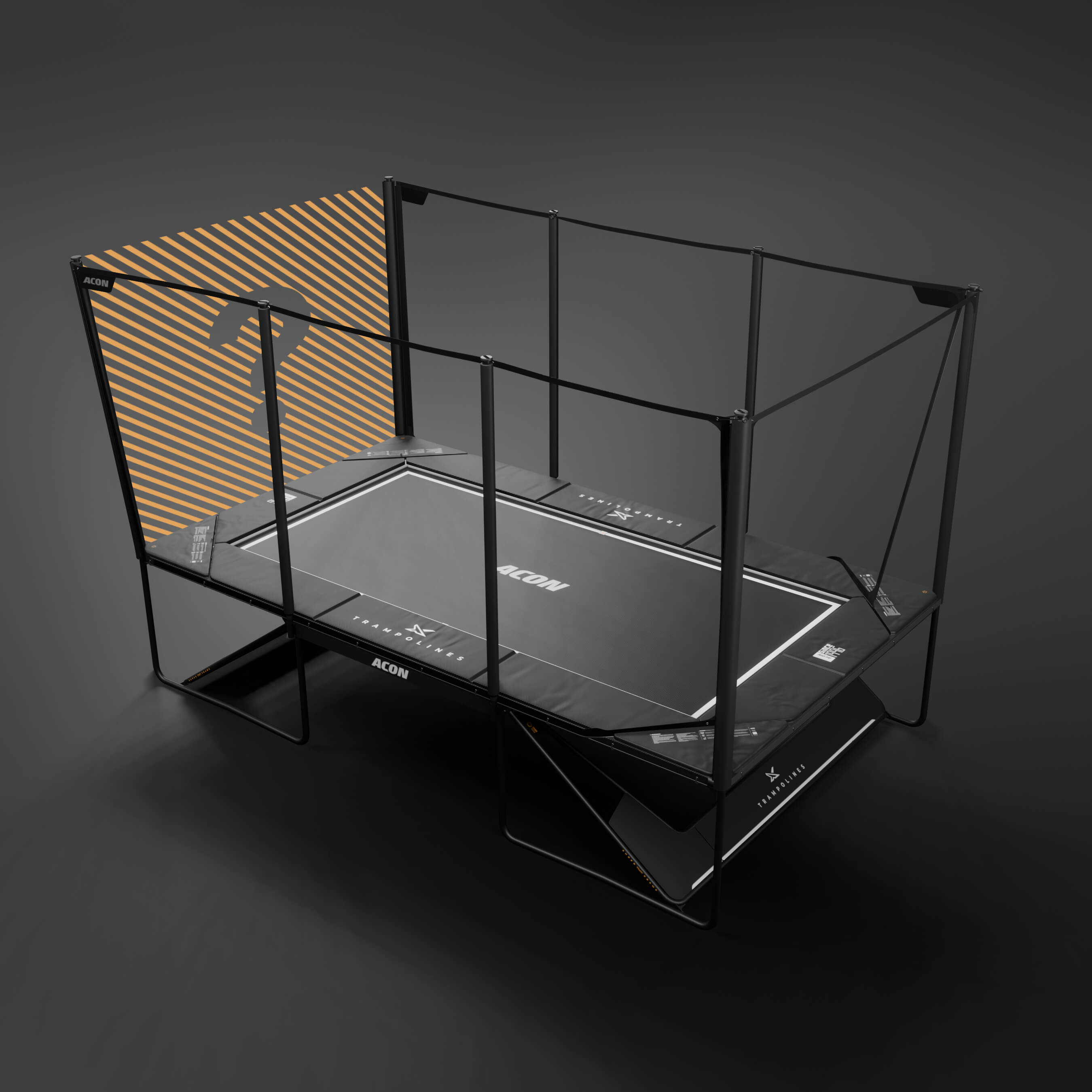 A trampoline with a blank space marked with a question mark on the safety net panel.