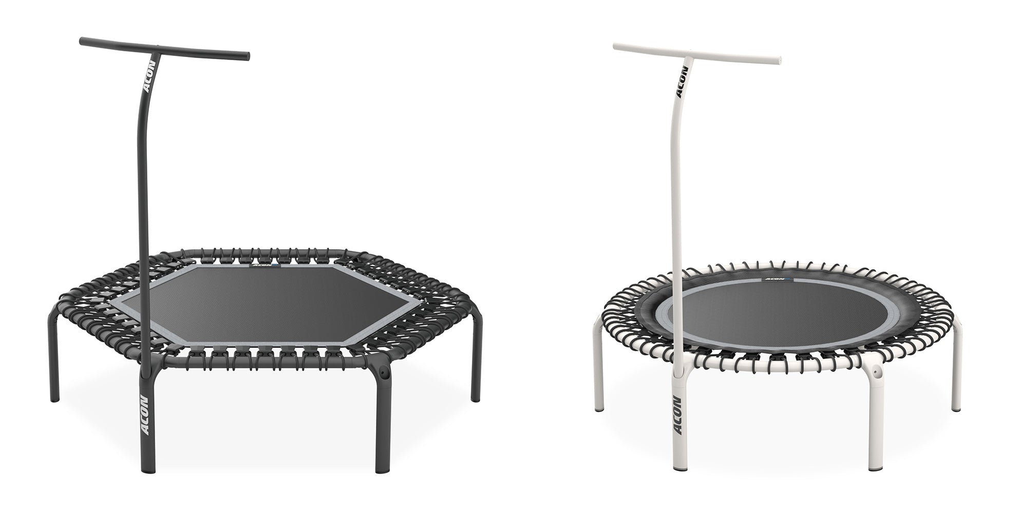 Acon's black hexagonal and white round rebounders with handlebars.