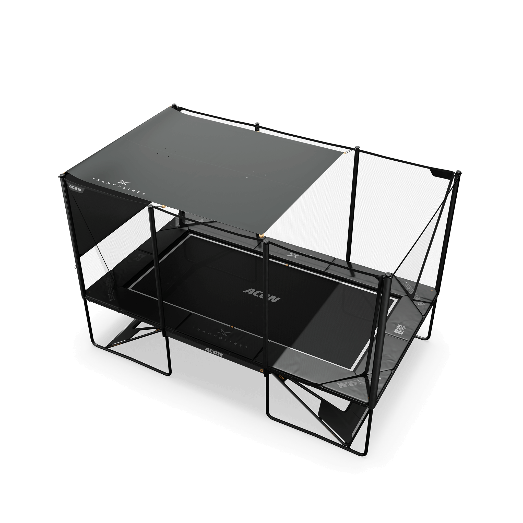 Acon X sun Shade assembled to cover 2/3 of the Trampoline.