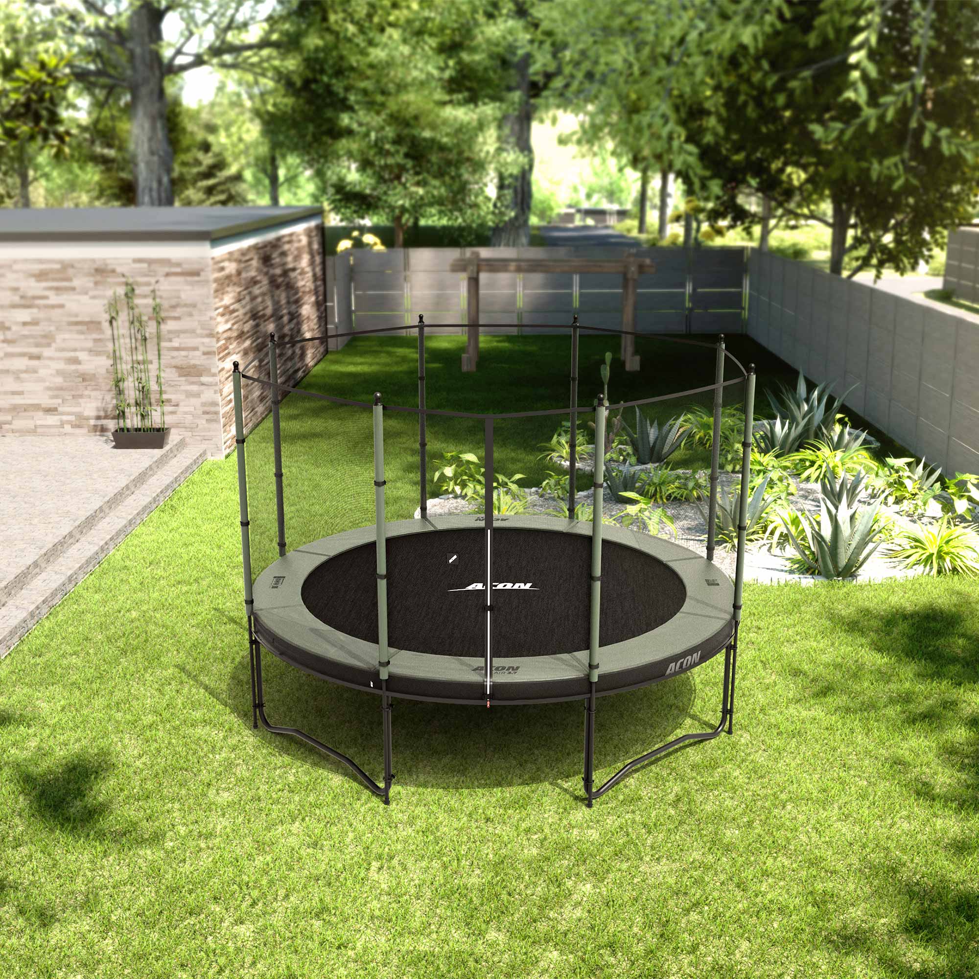 ACON Air 12ft Trampoline with Standard Enclosure in the backyard.