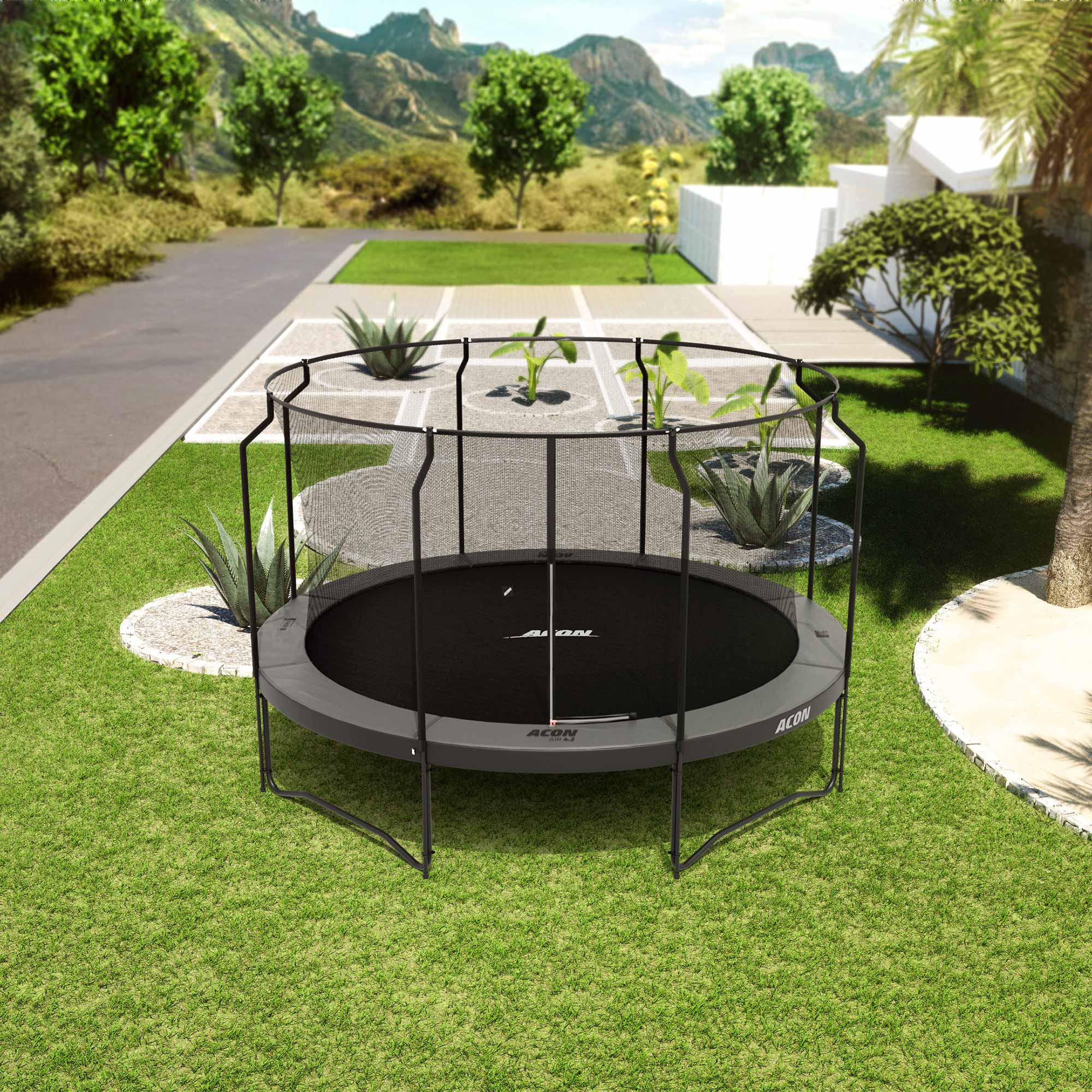 ACON Air 14ft Trampoline Black with Premium Enclosure in the backyard.