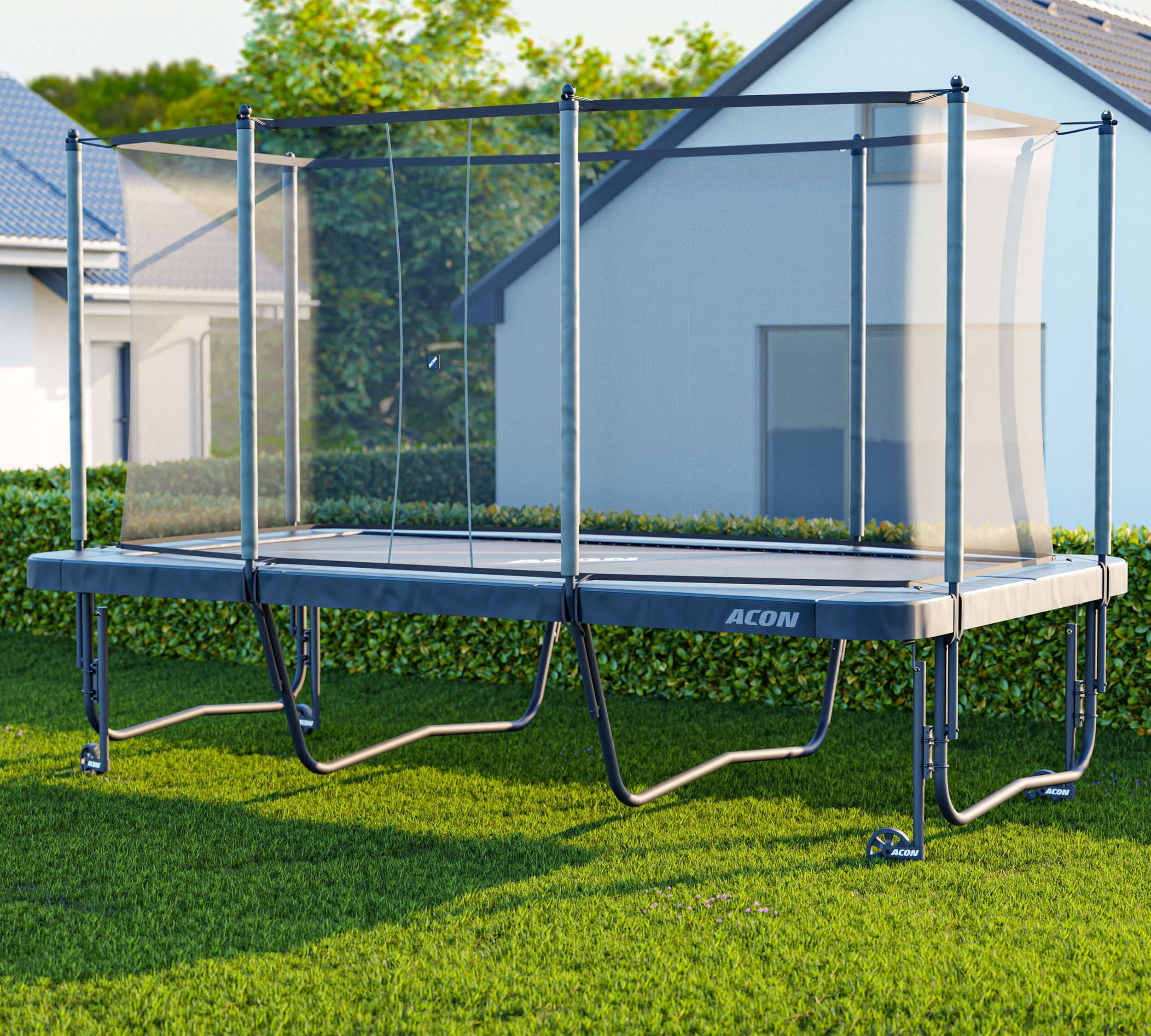 A rectangular trampoline lifted up with Acon trampoline wheels.