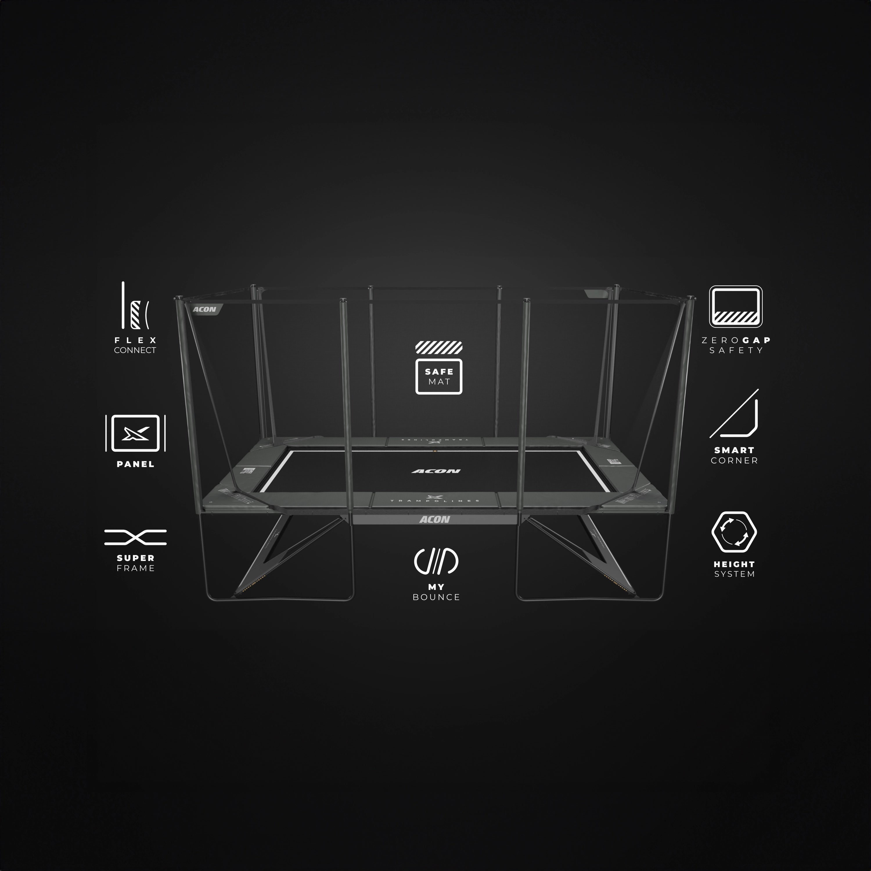 Acon X trampoline and 9 patents pending icons.