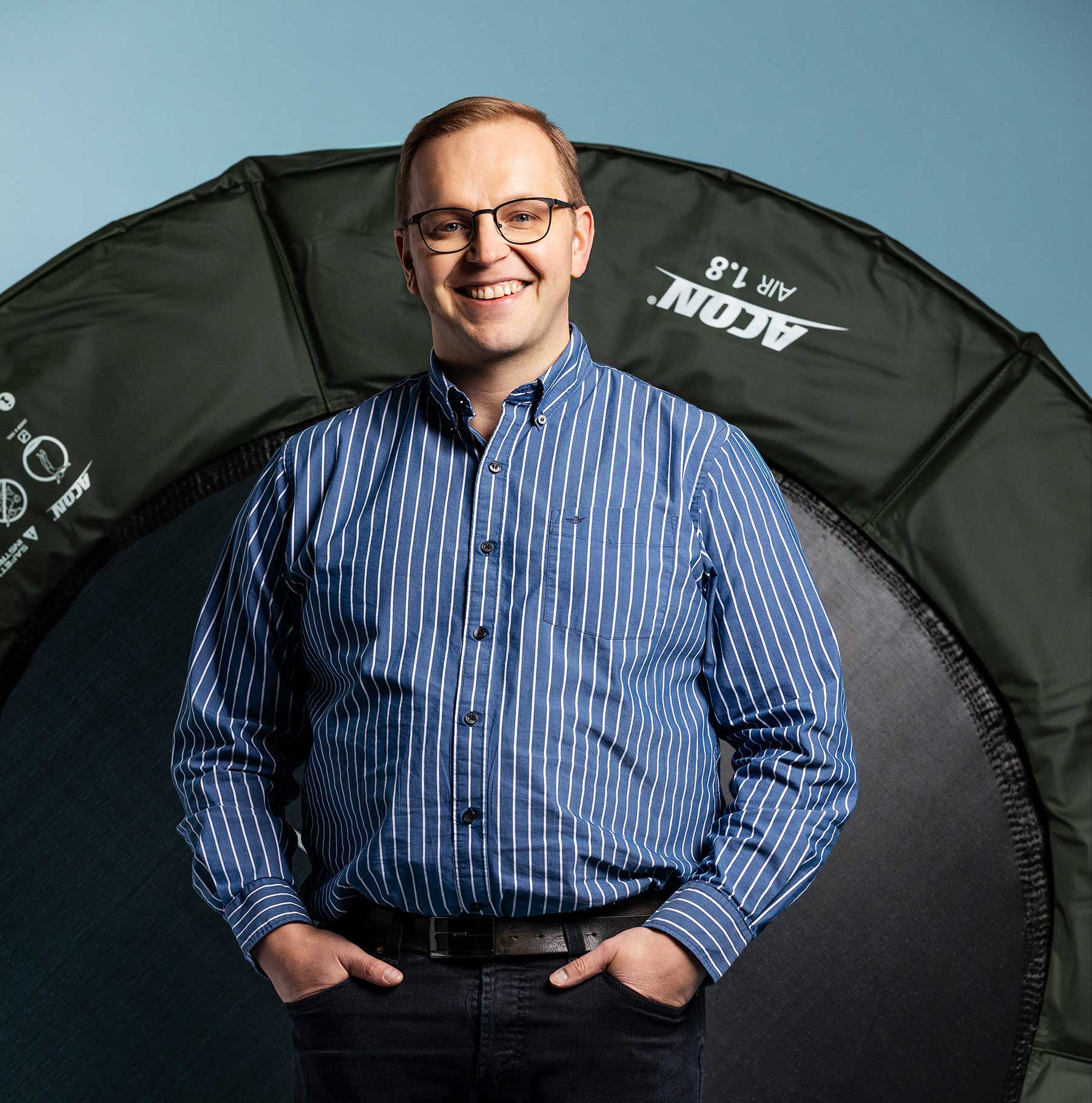 Acon R&D Director Markus Lohi in front of the Acon Air 6ft Trampoline