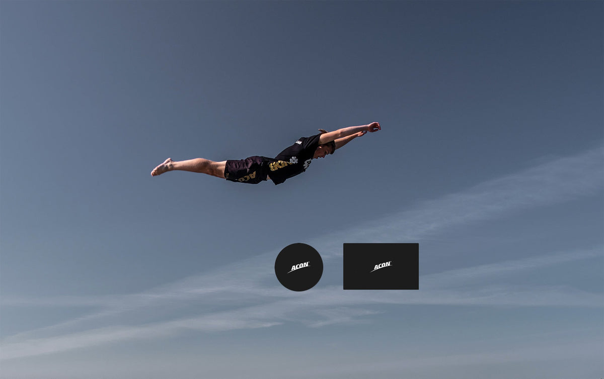 Trampoline trickster in the air, rectangular and round shapes