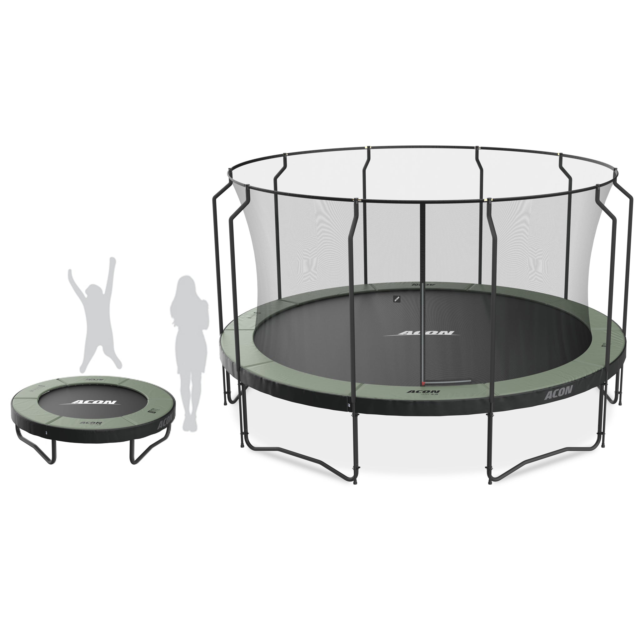 A small and a big acon trampoline with human scale picture