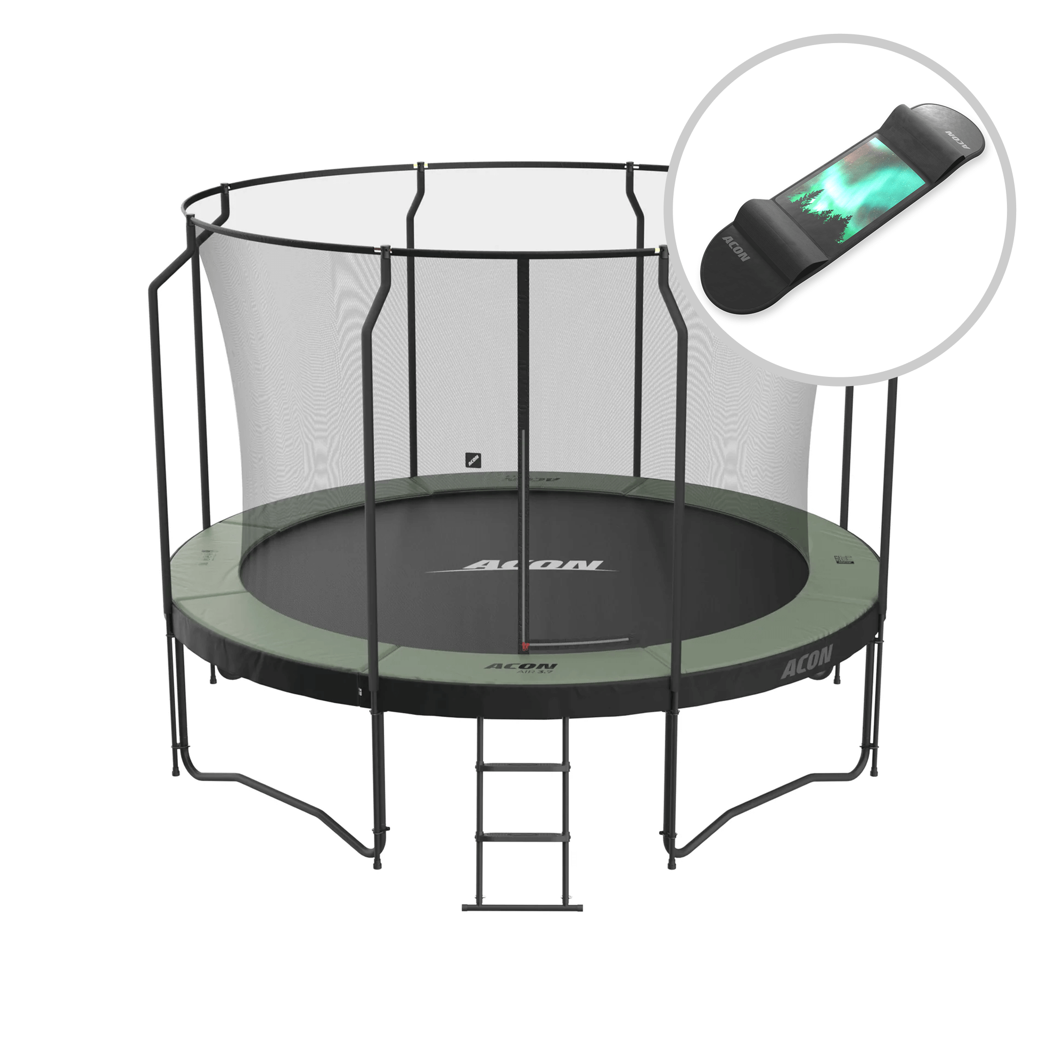 ACON Air 12ft Trampoline with Premium Enclosure and ladder + Skateboard.