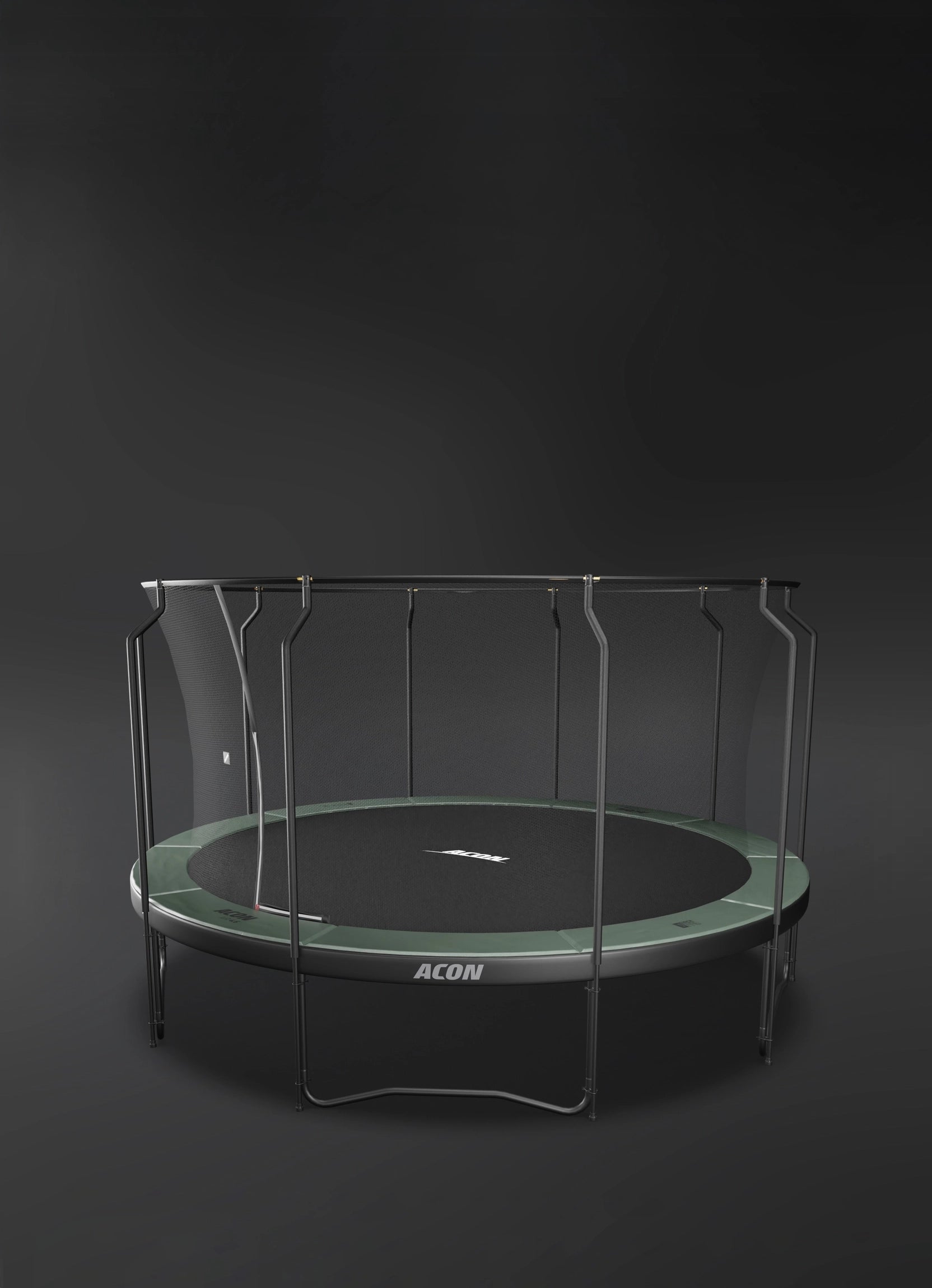 Round Acon trampoline with Premium safety net, dark background.