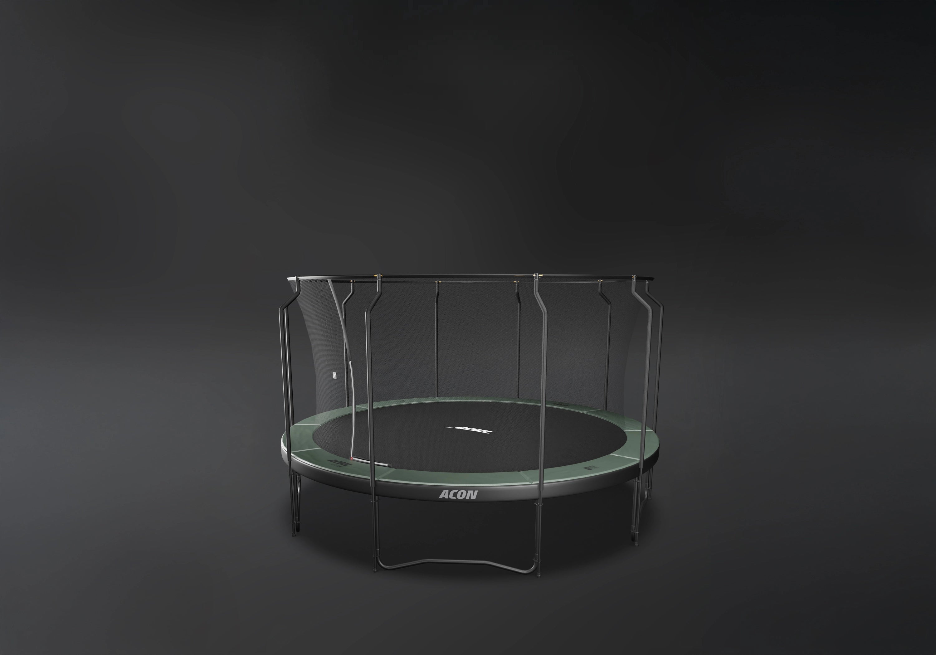 Round Acon trampoline with Premium safety net, dark background.