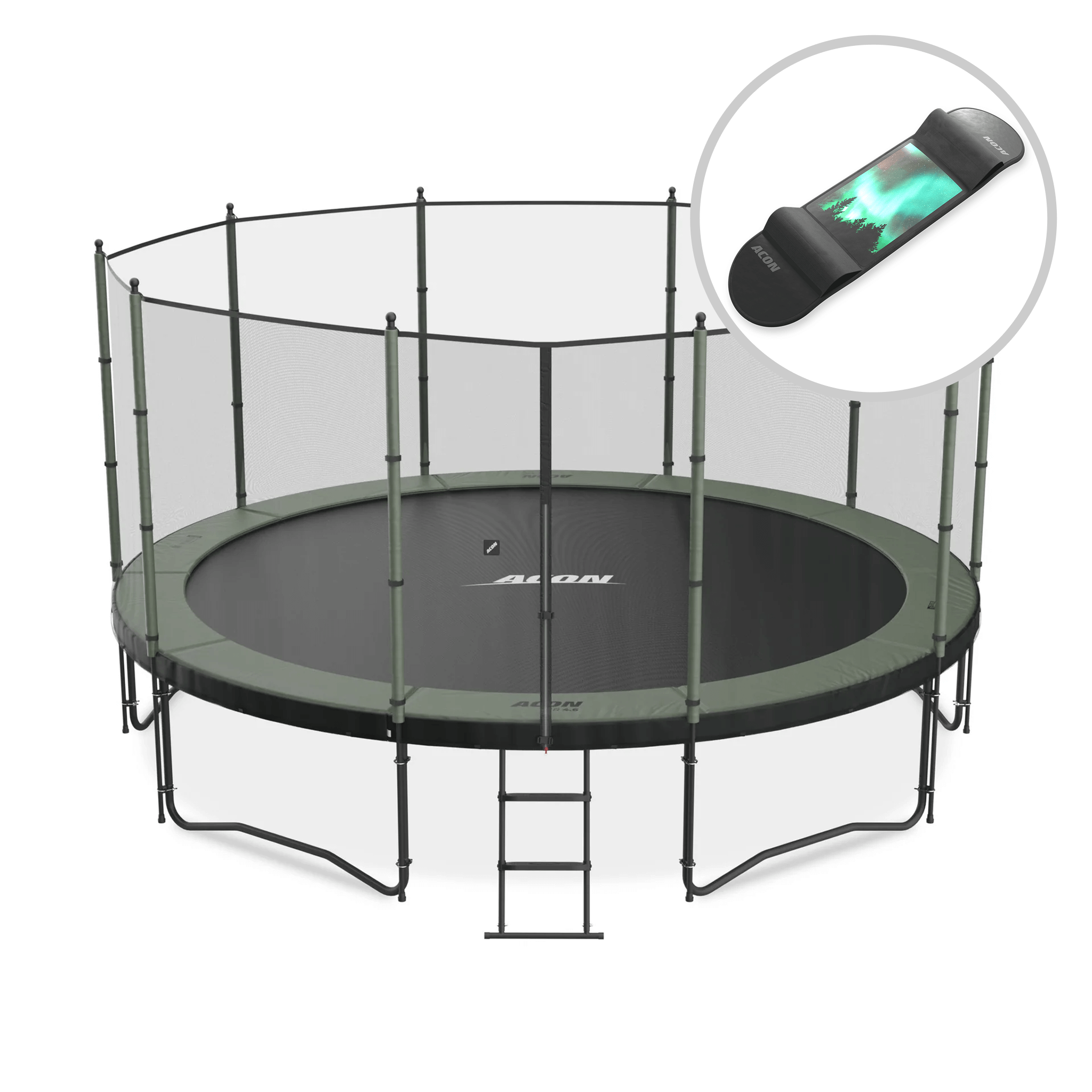 ACON Air 15ft Trampoline with Standard Enclosure + Skateboard.