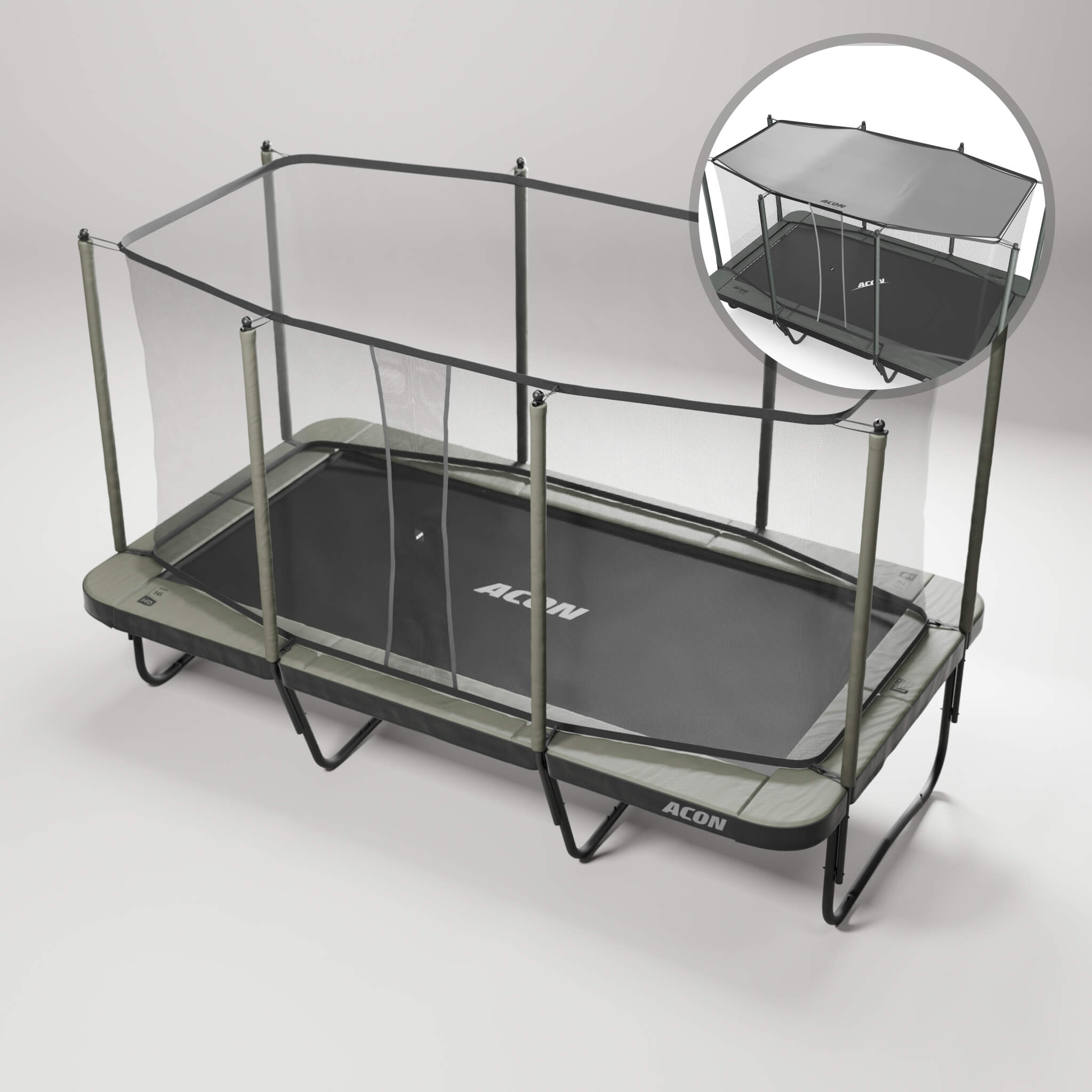 ACON 16 HD trampoline, safety net, and ladder + Shade.