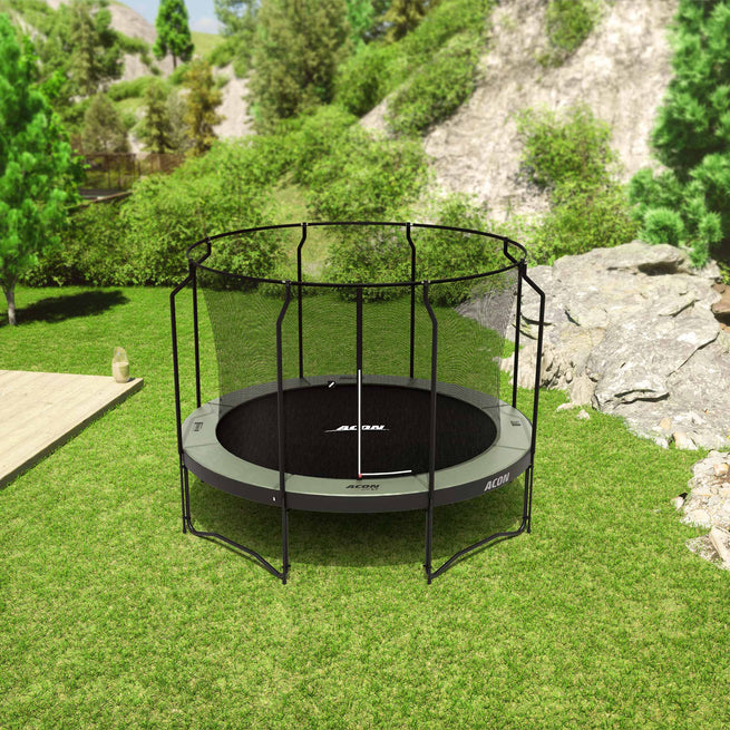 Round Acon trampoline with Premium safety net on a backyard