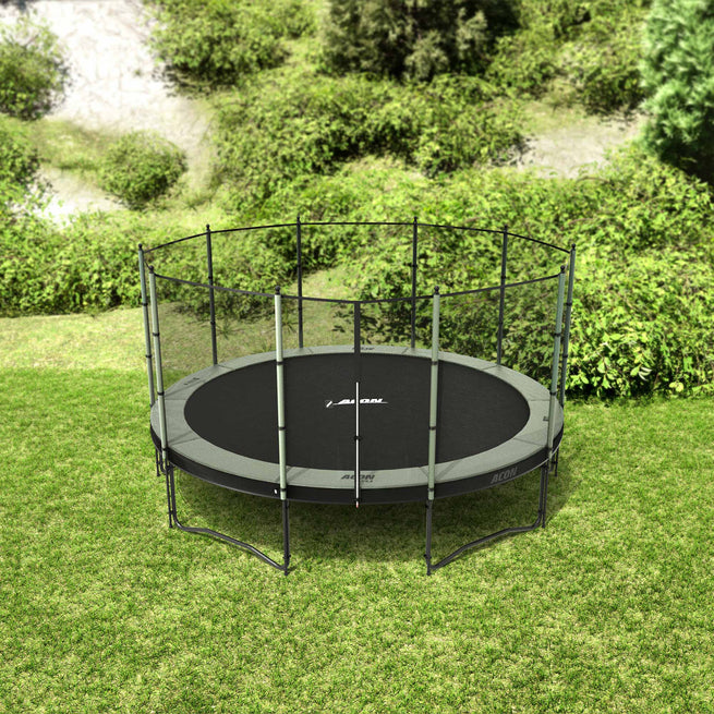 Round Acon 15ft trampoline with net on a backyard
