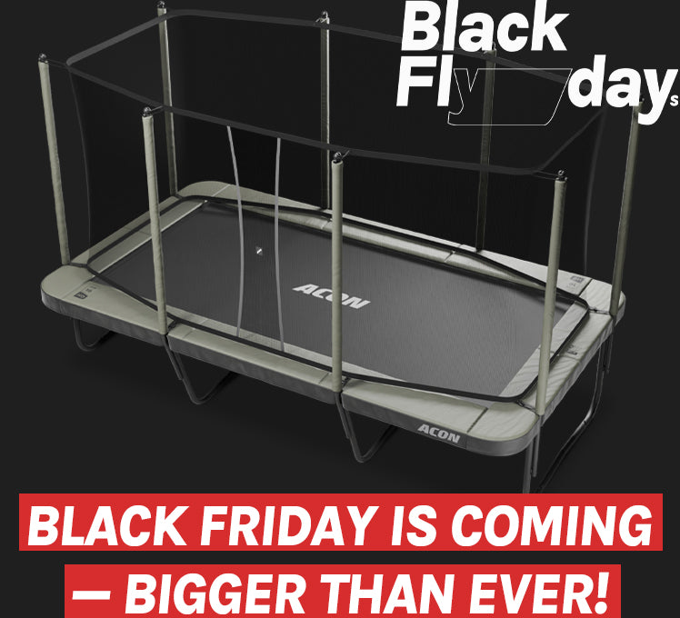 Acon 16 HD trampoline with safety net on a black background, featuring 'Black Flydays' and 'Black Friday is coming - bigger than ever!' texts.