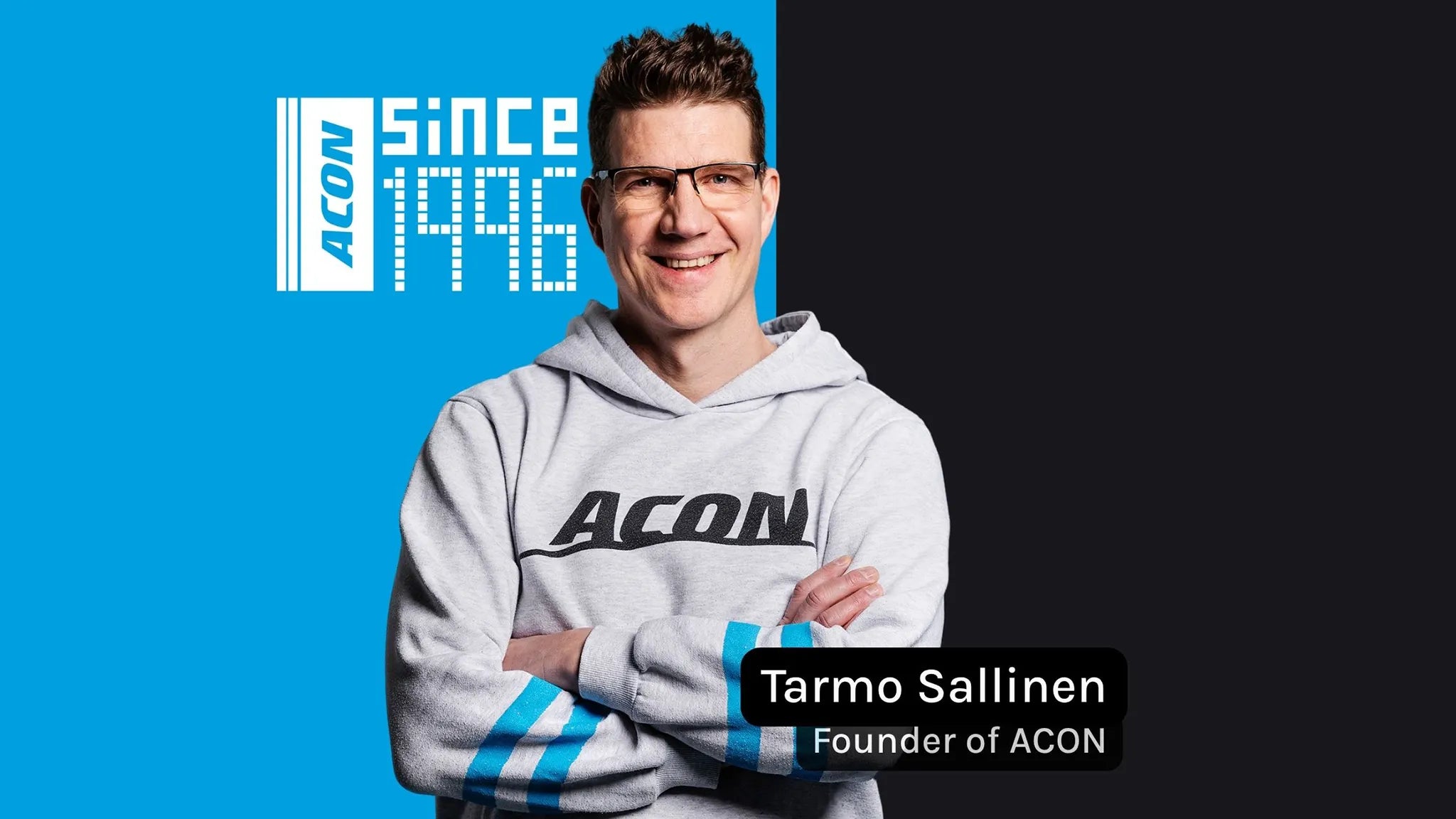 Video thumbnail featuring ACON founder Tarmo Sallinen wearing an ACON hoodie beside the ACON Since 1996 logo.