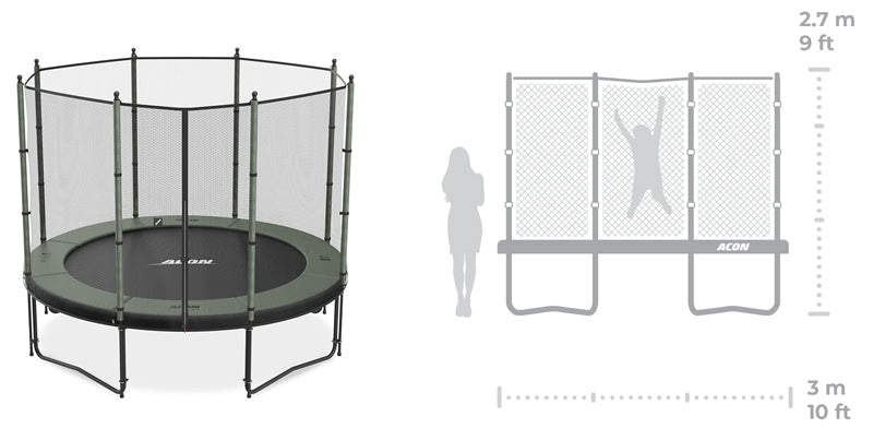 Acon 10ft Trampoline with Standard Net and a scale image of child jumpingin on it.