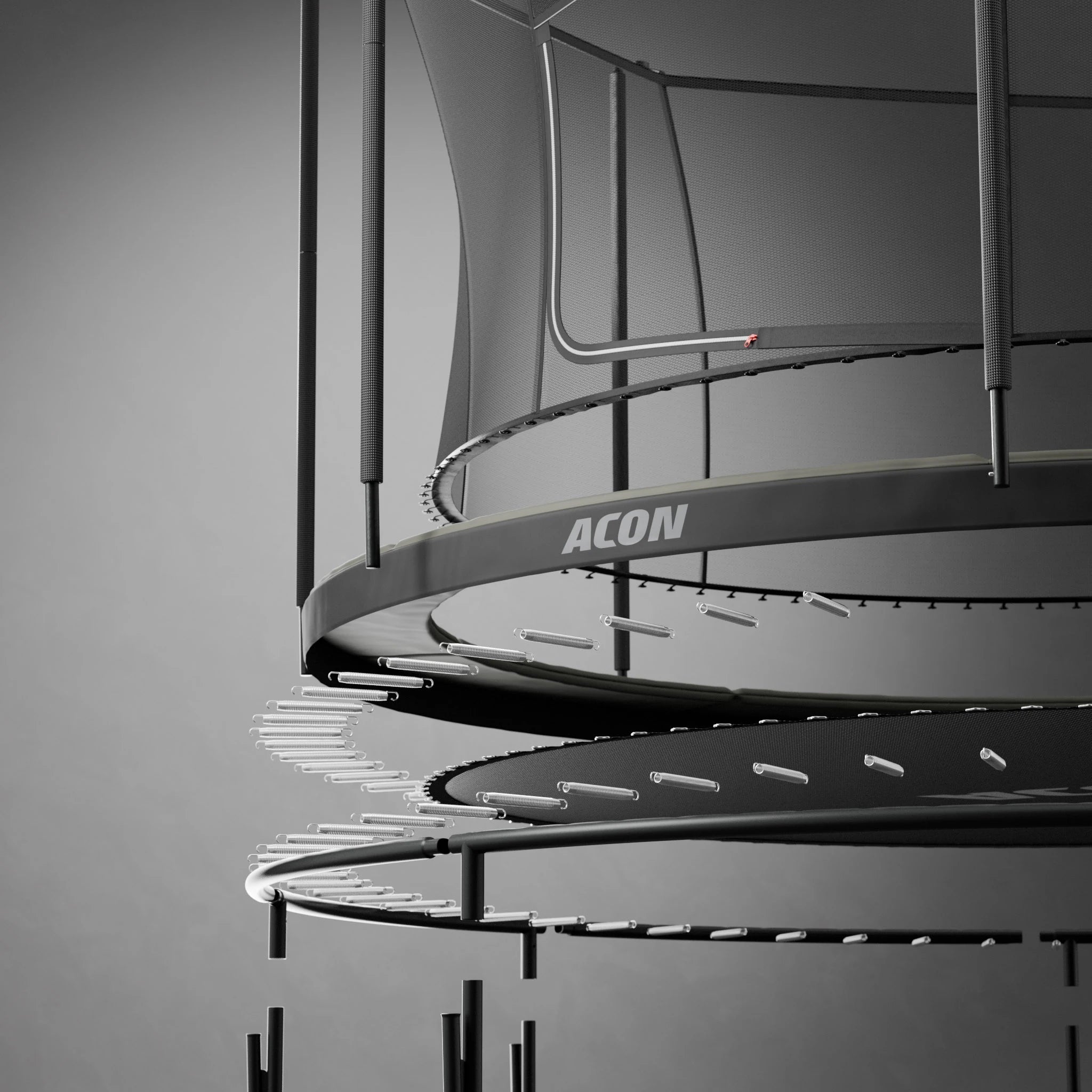 Exploded illustration of the Acon 14ft trampoline with all parts separated, highlighting key components of one of the best 14ft trampolines and the full structure of a 14ft round trampoline.