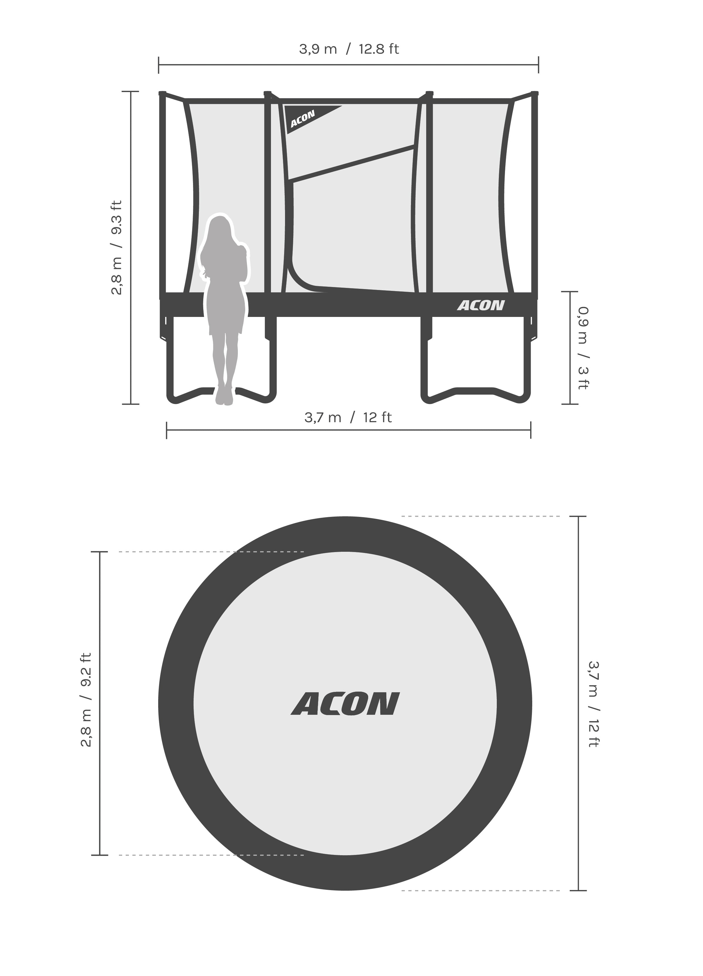 Dimensions and proportions of the Acon Air 12ft trampoline.