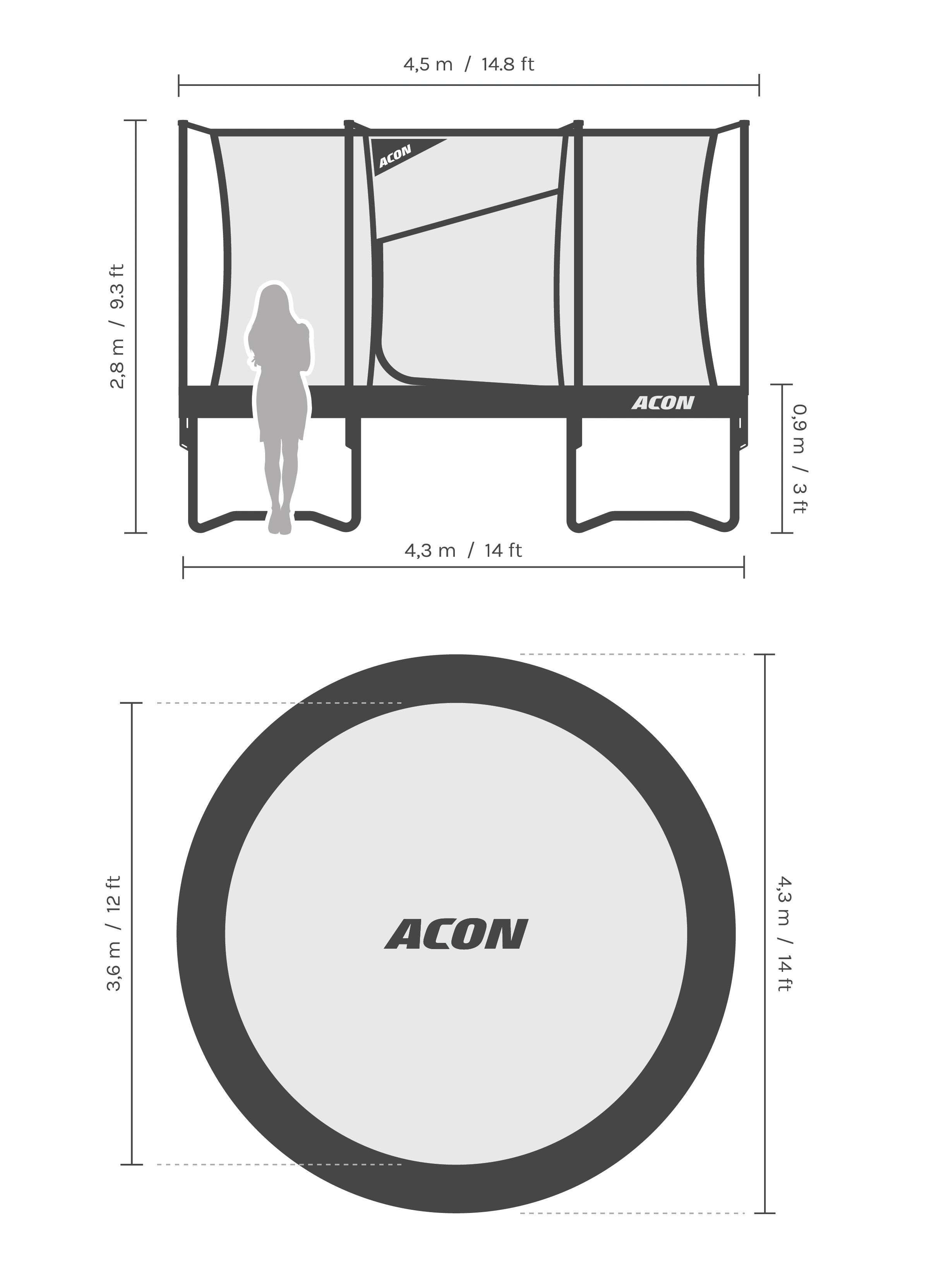 Dimensions and proportions of the Acon Air 14ft trampoline.