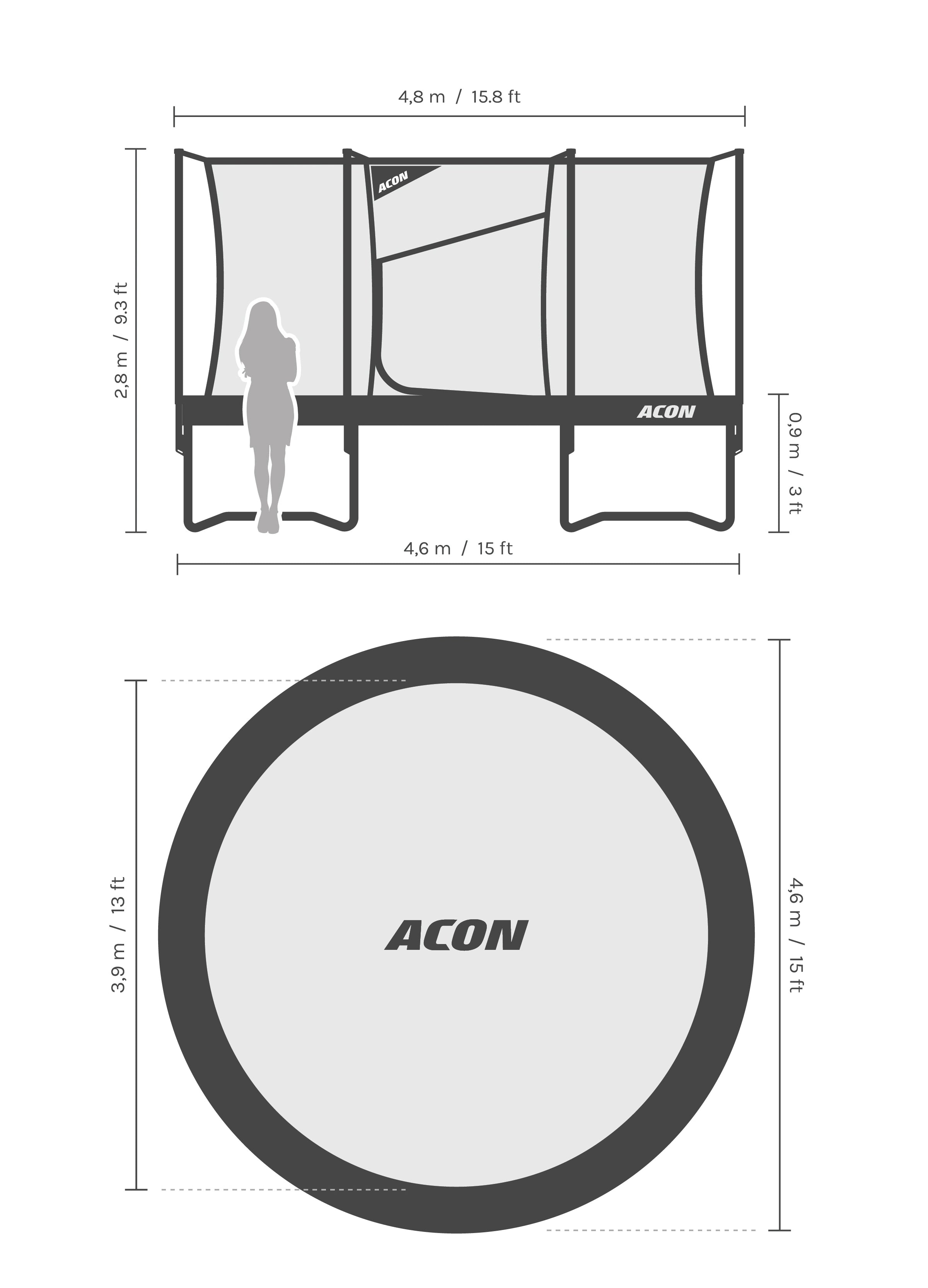 Dimensions and proportions of the Acon Air 15ft trampoline.