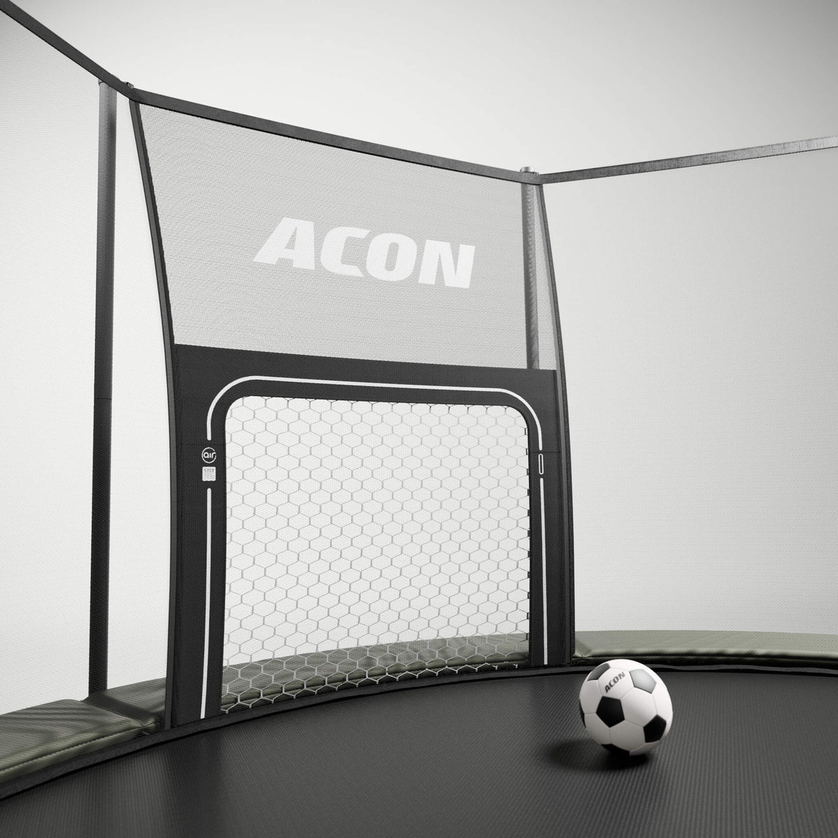 ACON Air Soccer Goal installed on an ACON Air Round trampoline on grey background.