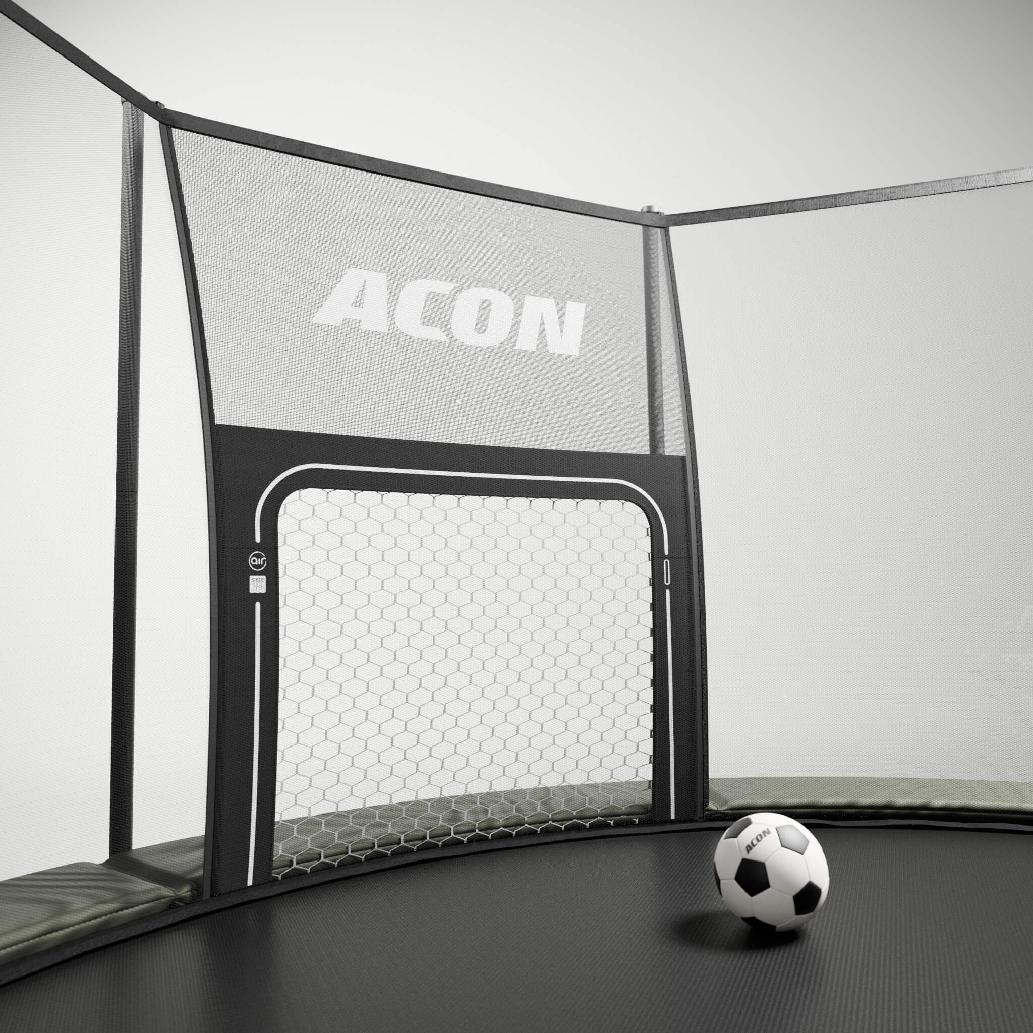 ACON Air Soccer Goal installed on an ACON Air Round trampoline on grey background.