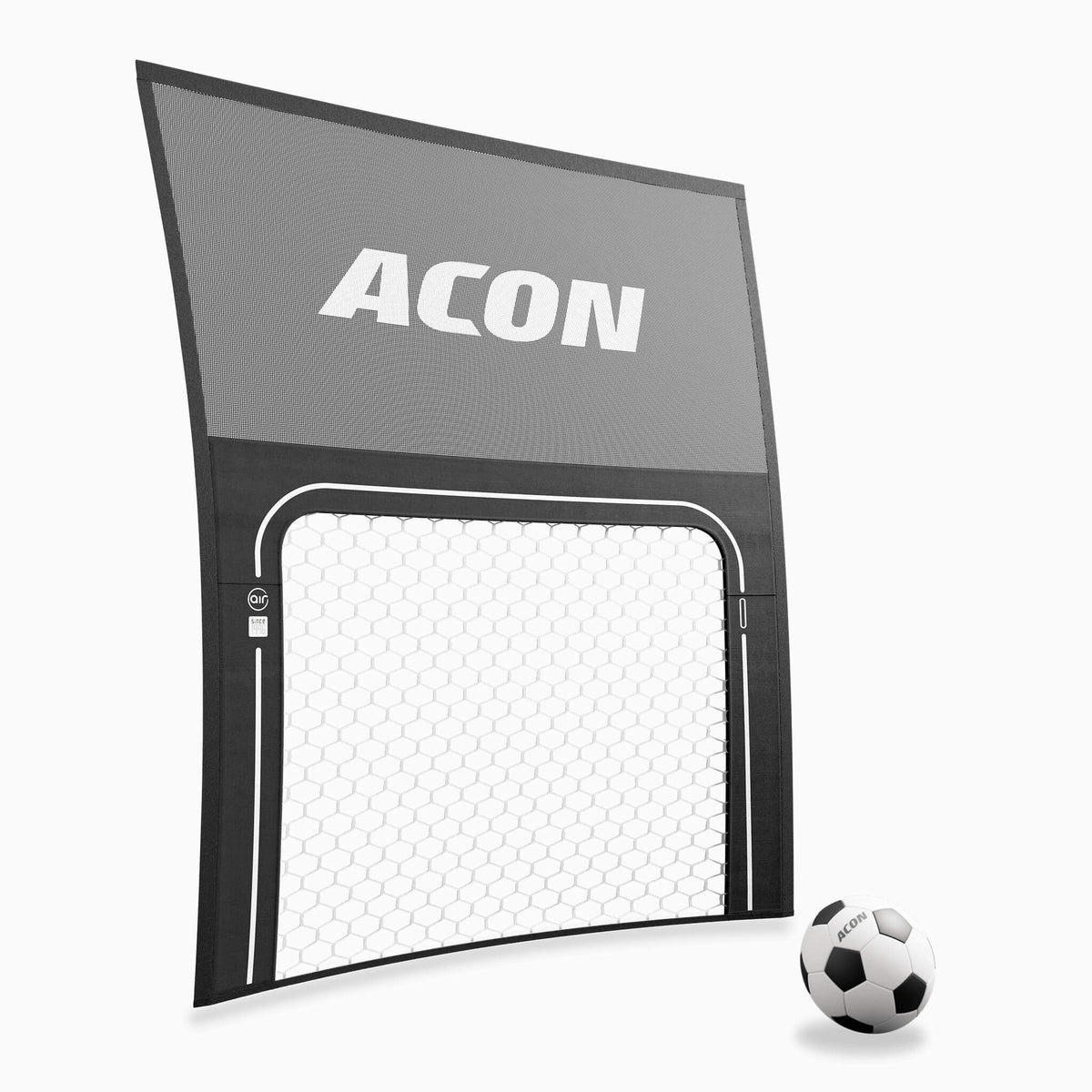 ACON Air Soccer Goal with ball on white background.