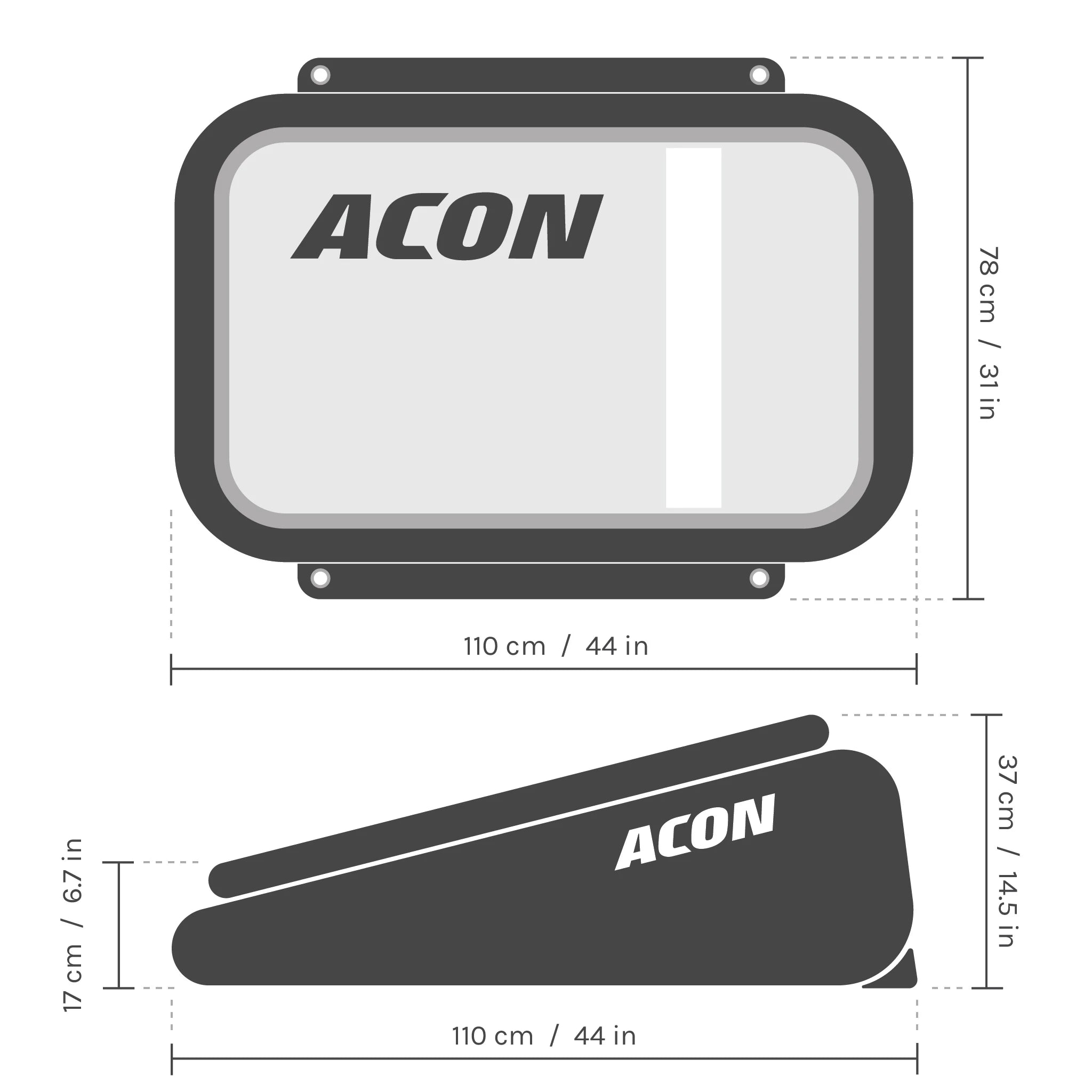 Acon Airboard dimensions diagram showing length 110 cm, width 78 cm and height up to 37 cm, with metric and inch values.