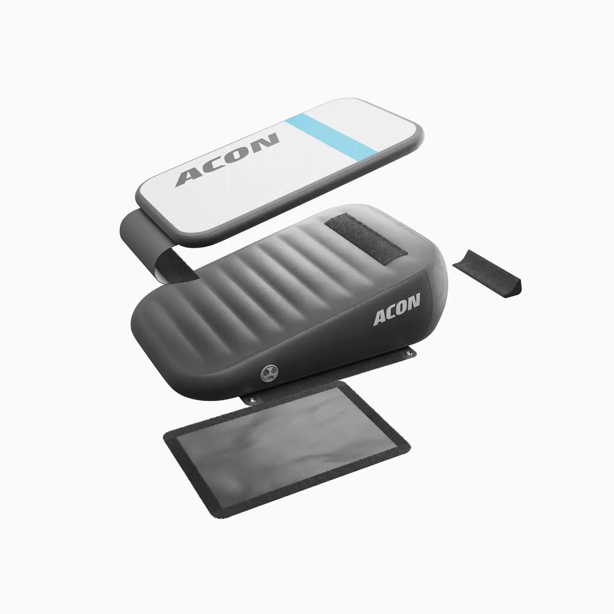ACON Airboard gymnastics jump board with labeled parts: jump board, base wedge, anti-slip mat, and stabilizer block.