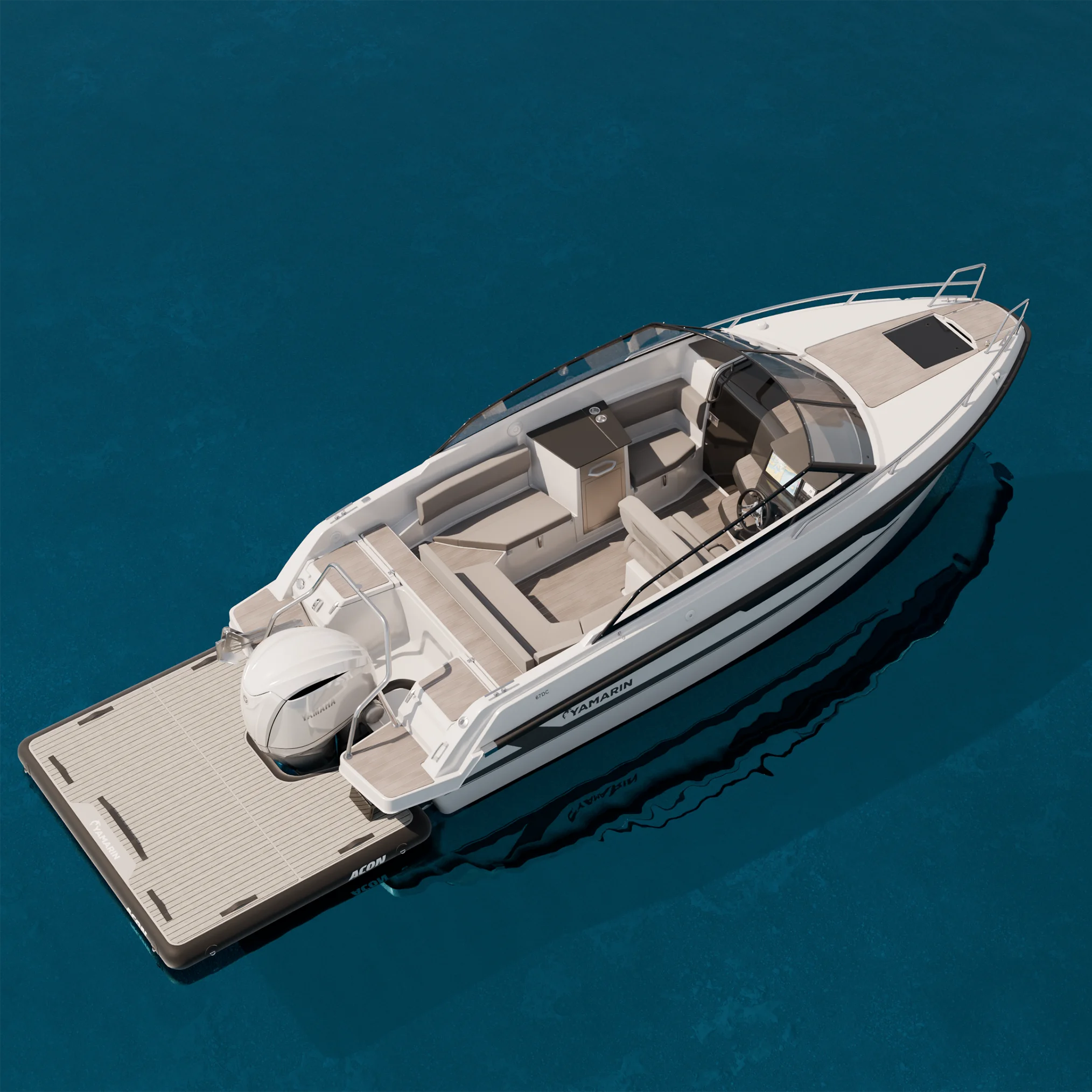 Top-down view of a Yamarin boat with an Acon Airdeck attached to the stern.