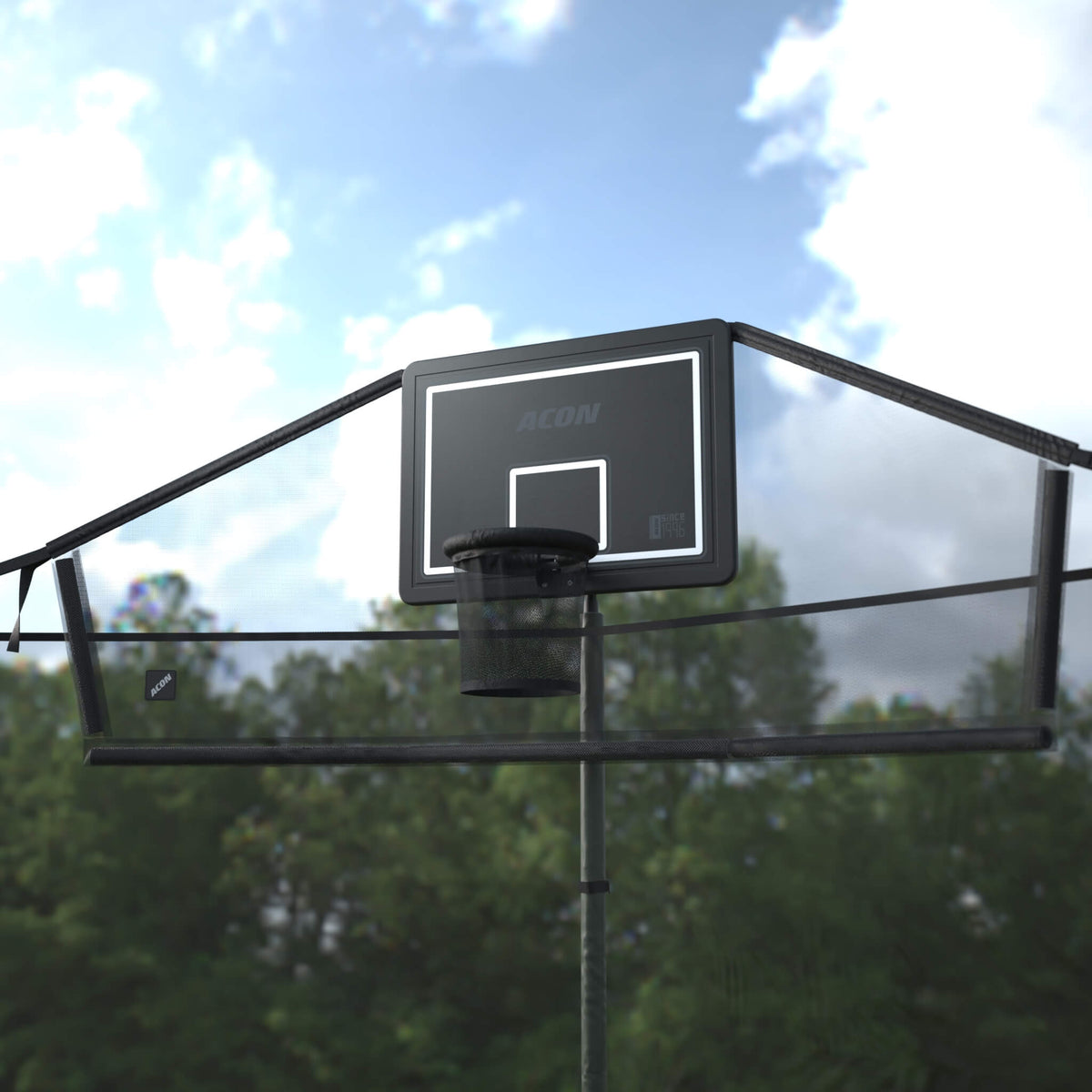 Outdoor image of the Acon Trampoline Hoop for a round trampoline and its Back Net, shot from below, showing blue sky and surrounding trees and clouds.