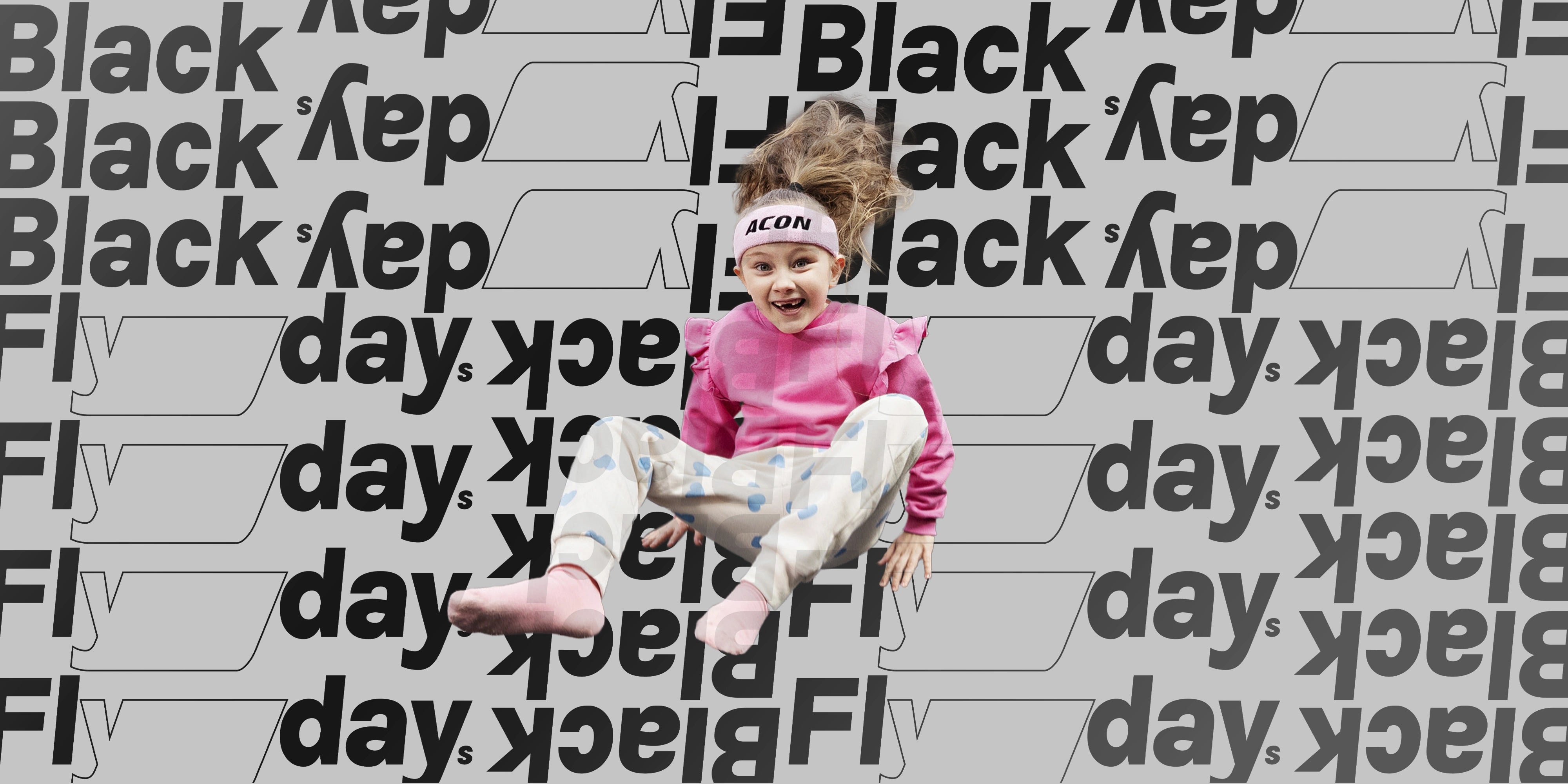 A jumping girl wearing a pink shirt and an ACON headband, with a Black Flydays pattern on a gray background.