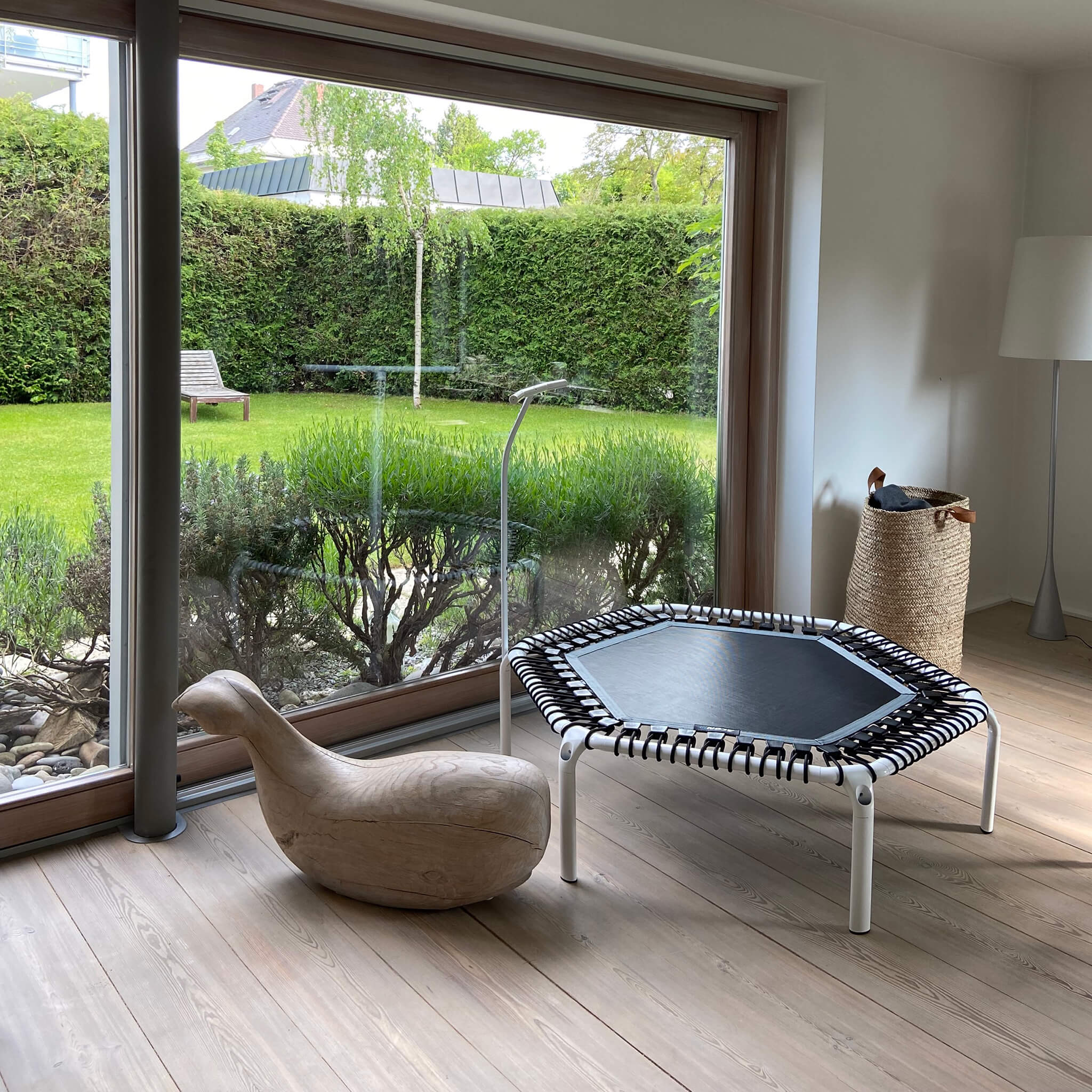 White Acon Hexagonal Rebounder in the living room in front of the landscape window.