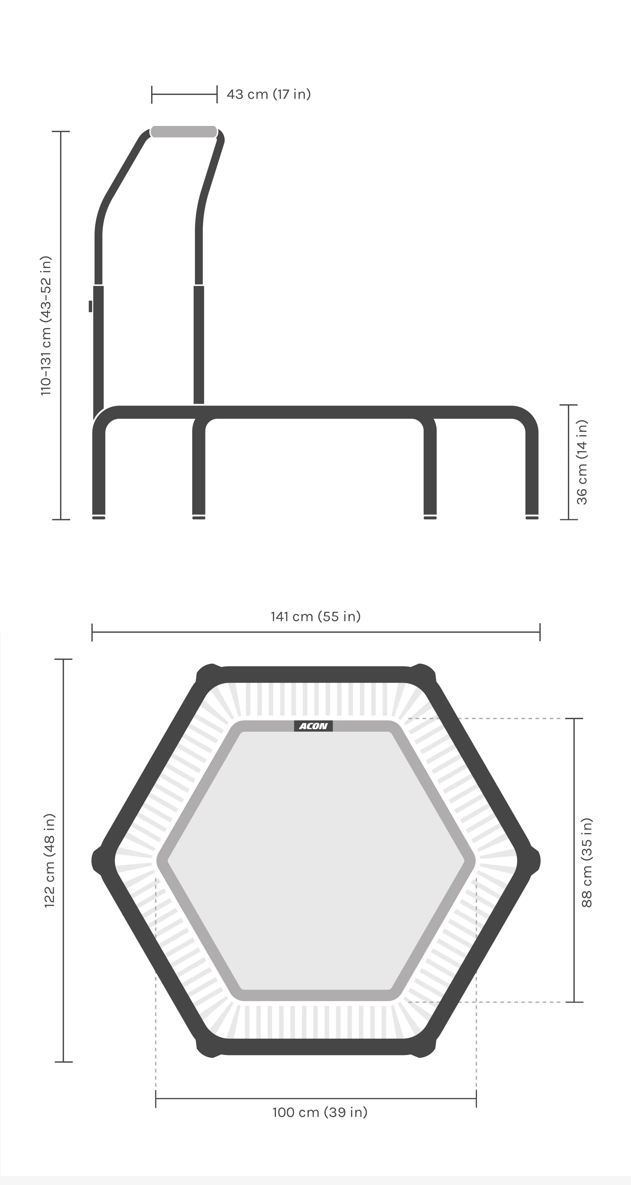 Dimensions of the rhexagonal Acon FIT Active trampoline.