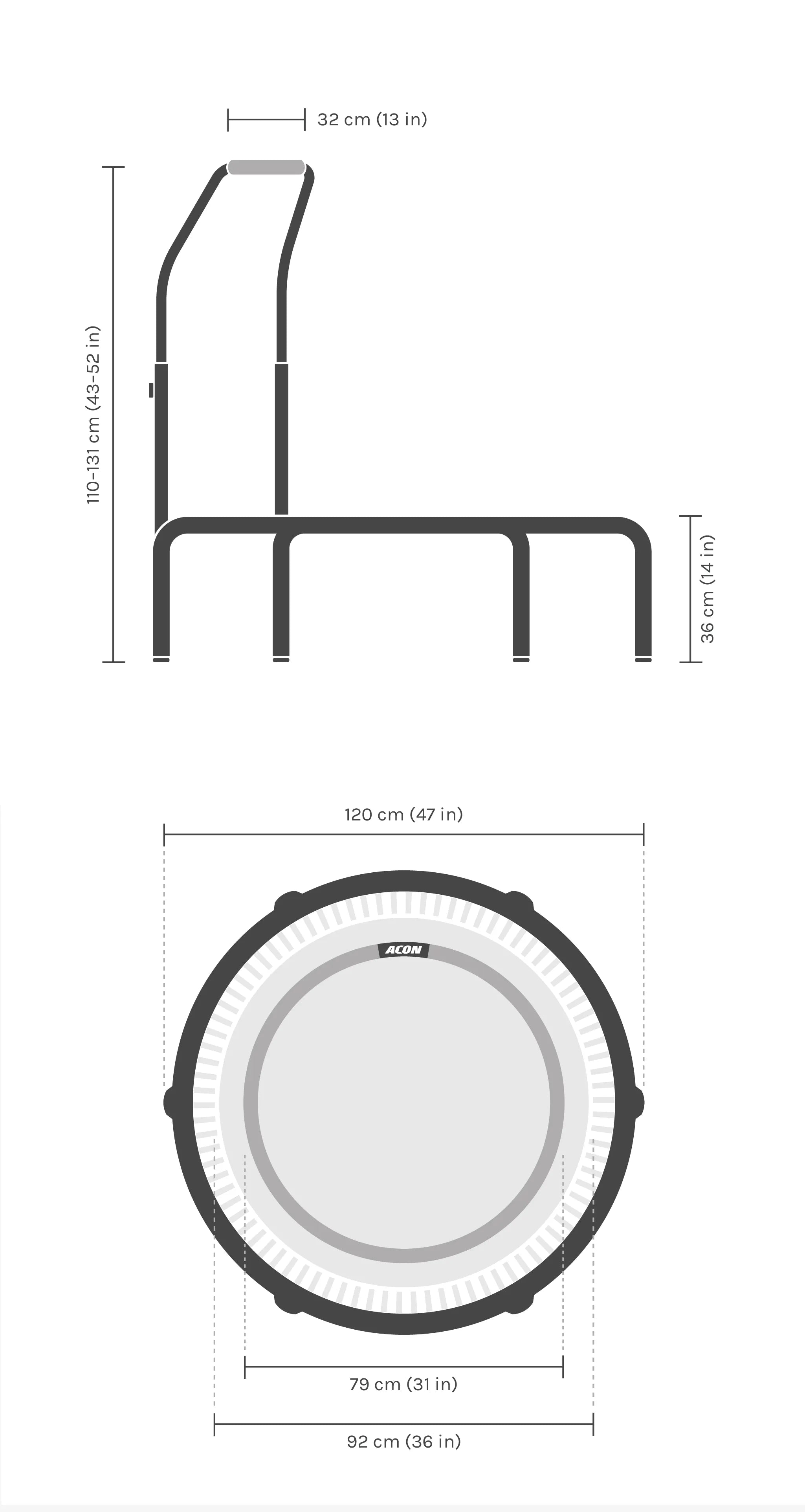 Dimensions of the round Acon FIT Active trampoline.