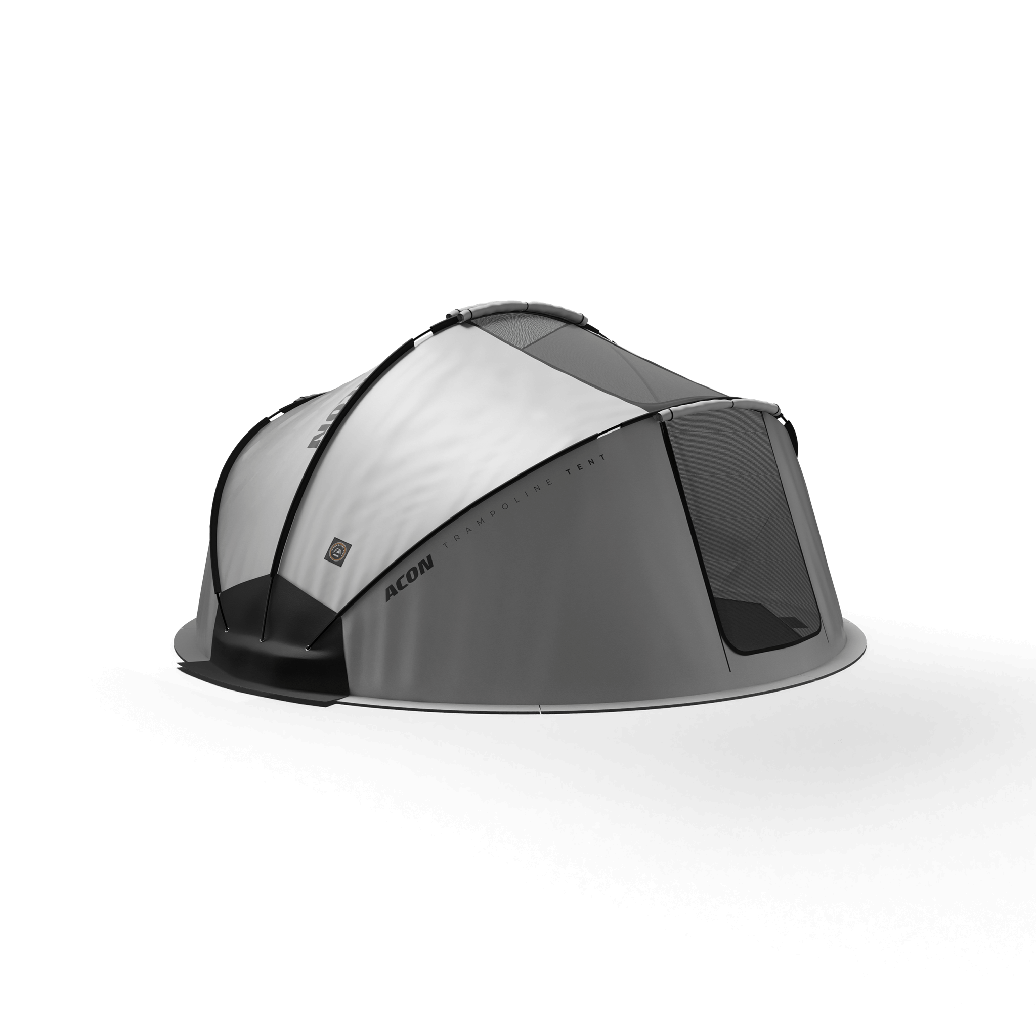 Image of the round Acon Trampoline tent, with door and windows open, silhouetted against white background.