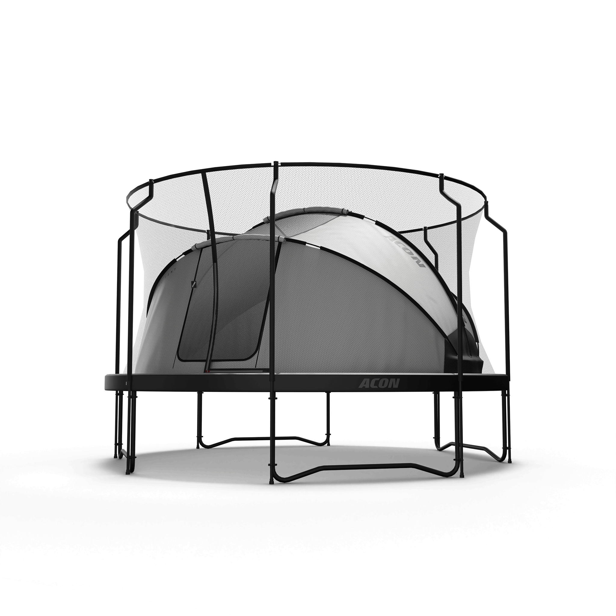 Acon trampoline tent with premium exterrior safety net doors open