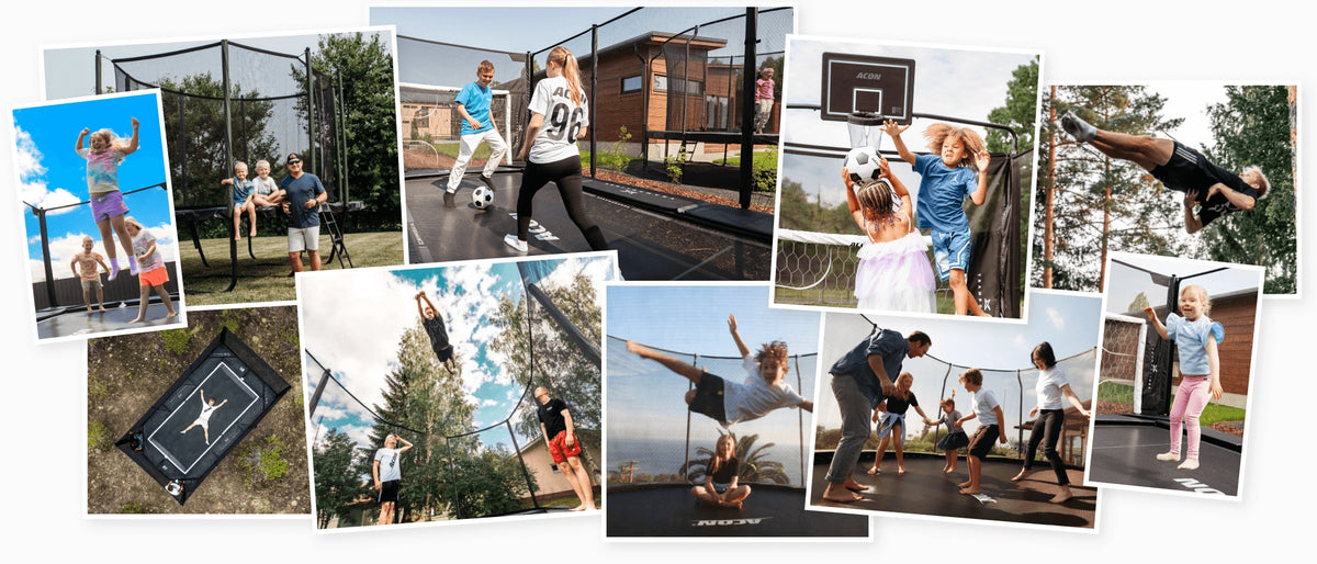 Collage of people enjoying Acon trampolines in backyards, featuring jumping, games and family activities.