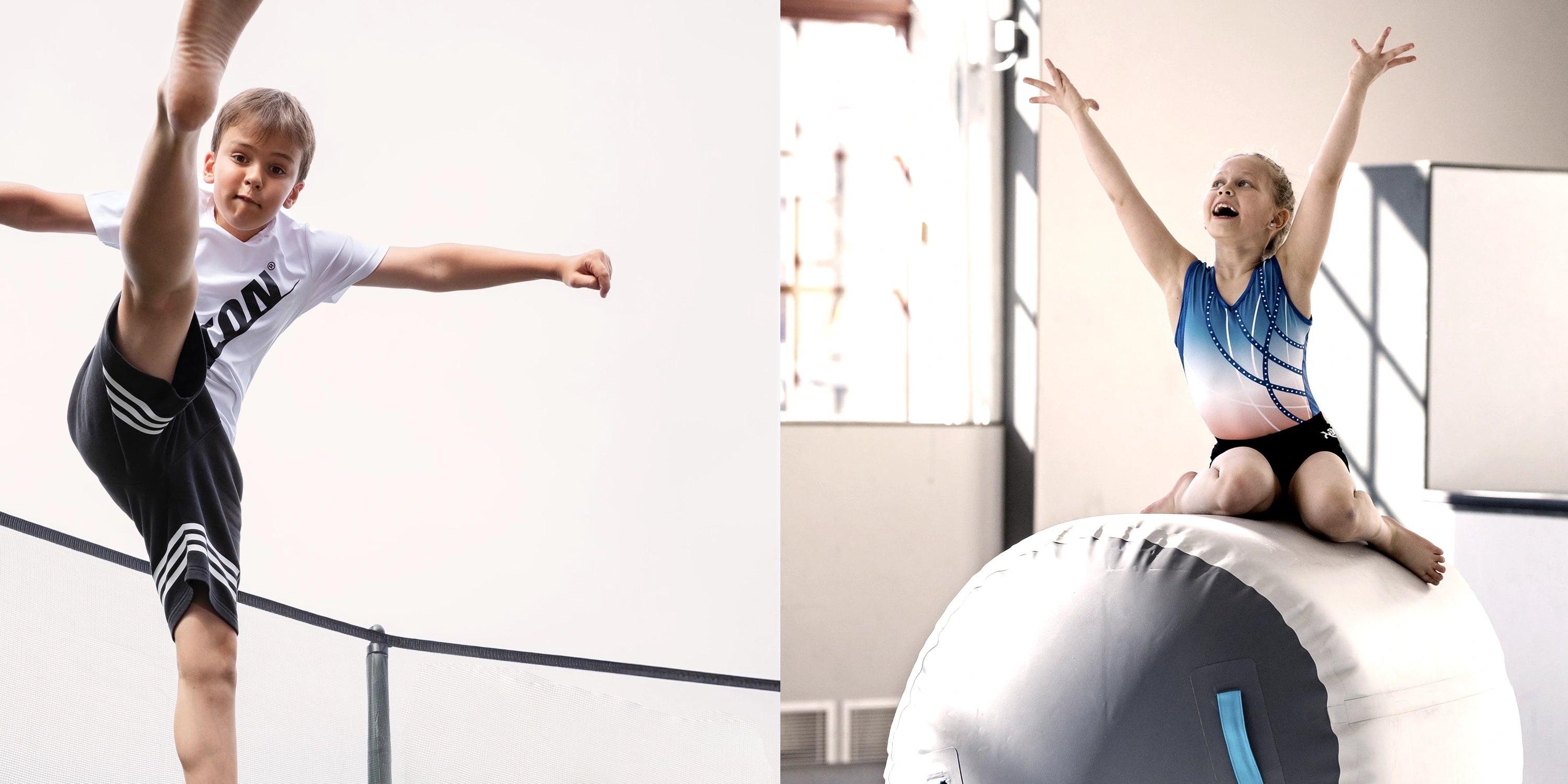 A combination image of a boy jumping on an Acon trampoline and a girl sitting on an Acon airroll.