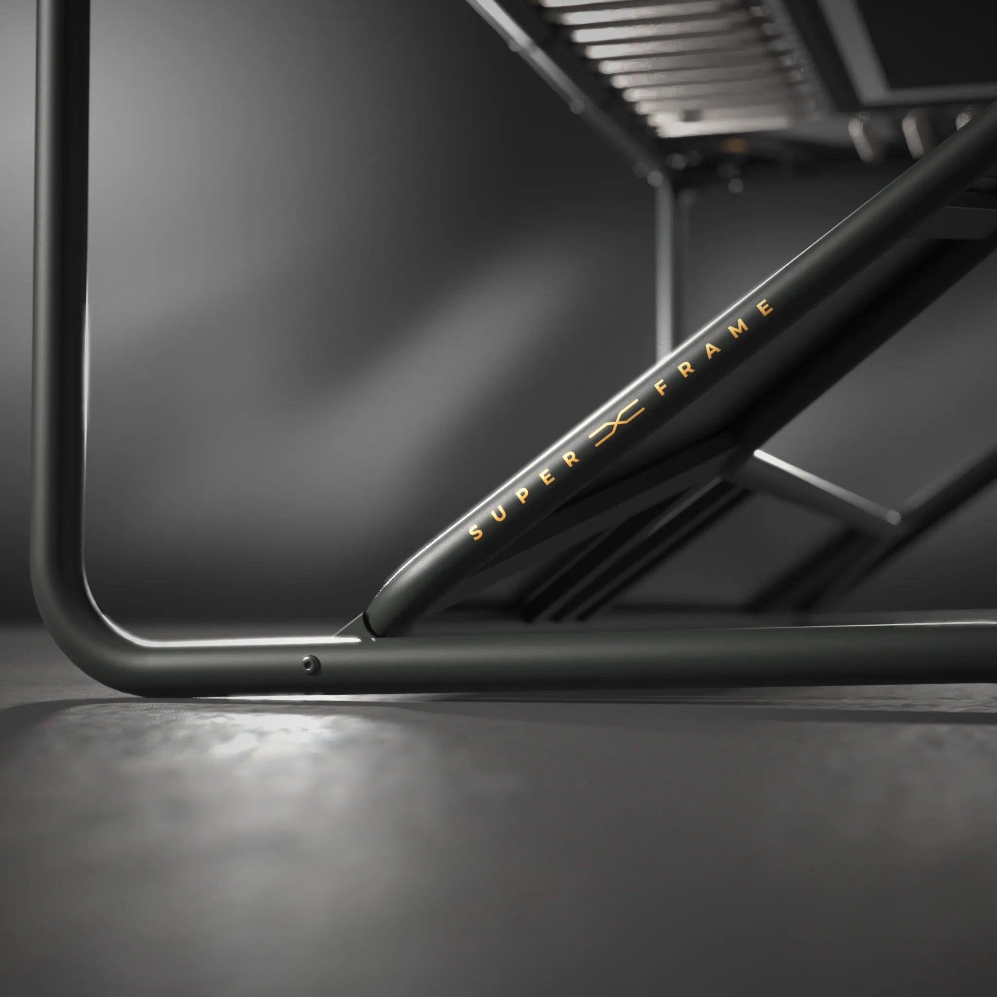 Close-up of the Acon X Trampoline's black metal frame with 'Super X Frame' branding on a dark background.