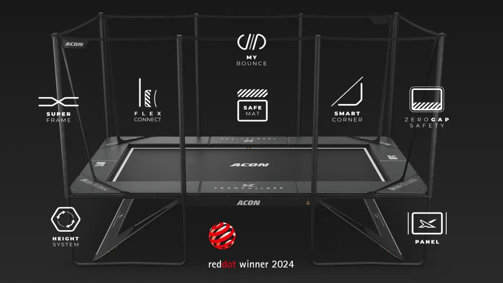 Acon X trampoline with icons highlighting patent-pending safety and performance features and the Red Dot Winner 2024 award.